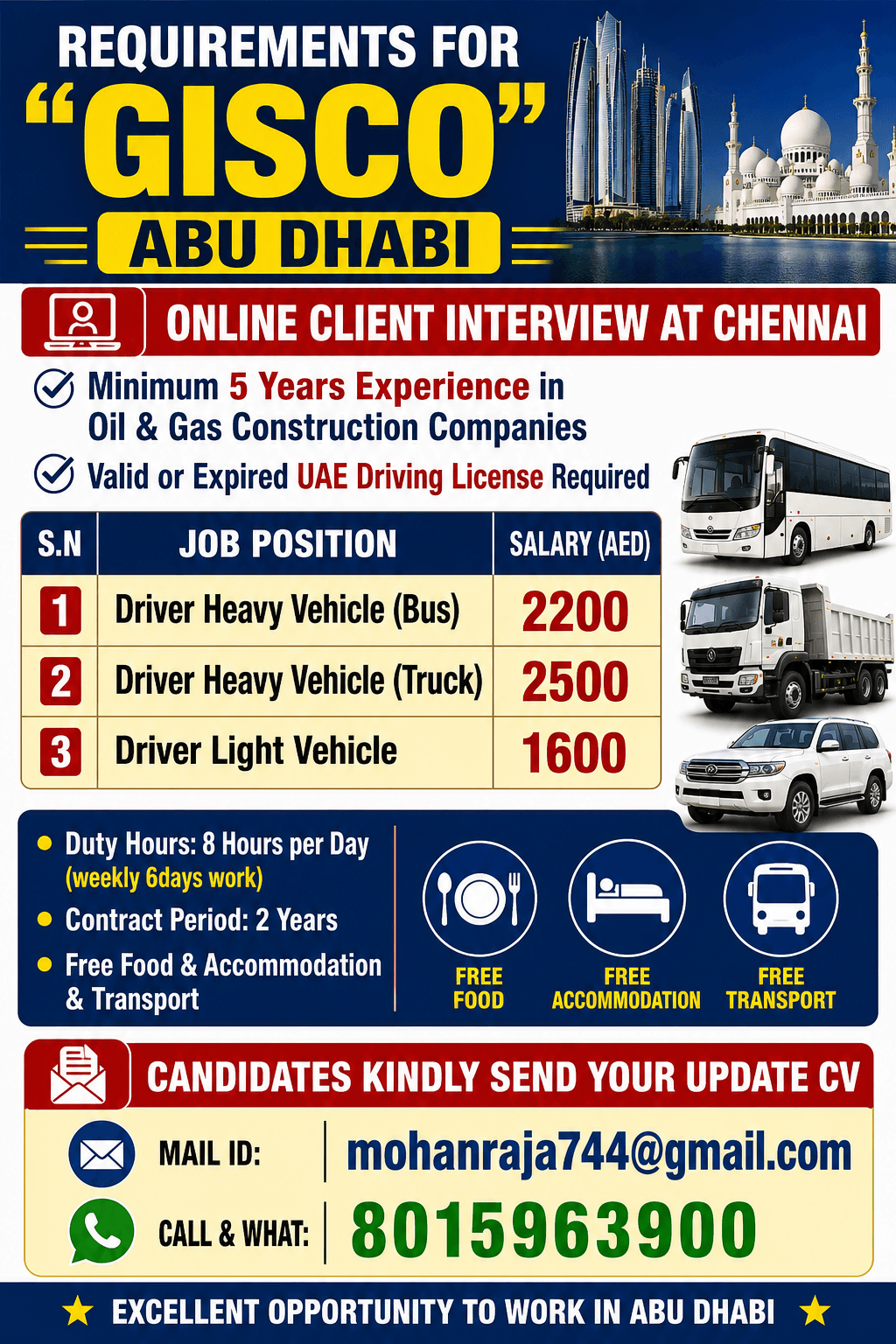 REQUIREMENTS FOR "GISCO ABUDHABI     ONLINE CLIENT INTERVIEW AT CHENNAI