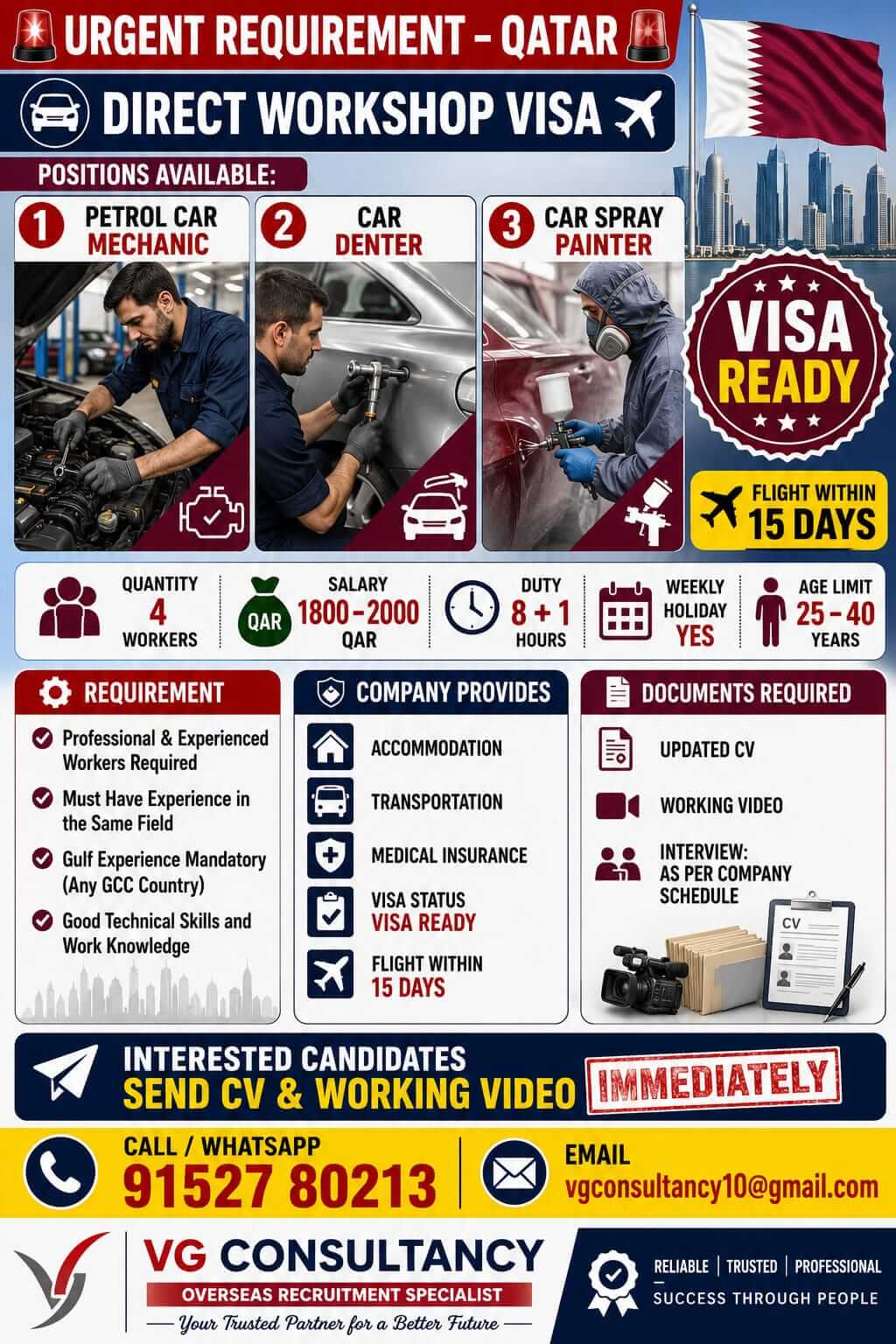 URGENT REQUIREMENT  QATAR  Direct Workshop Visa