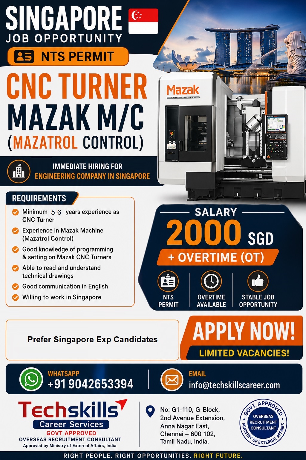 SINGAPORE- CNC Turner (Mazak M/C with Mazatrol Control) — TECHSKILLS CAREER SERVICES, Singapore, Singapore