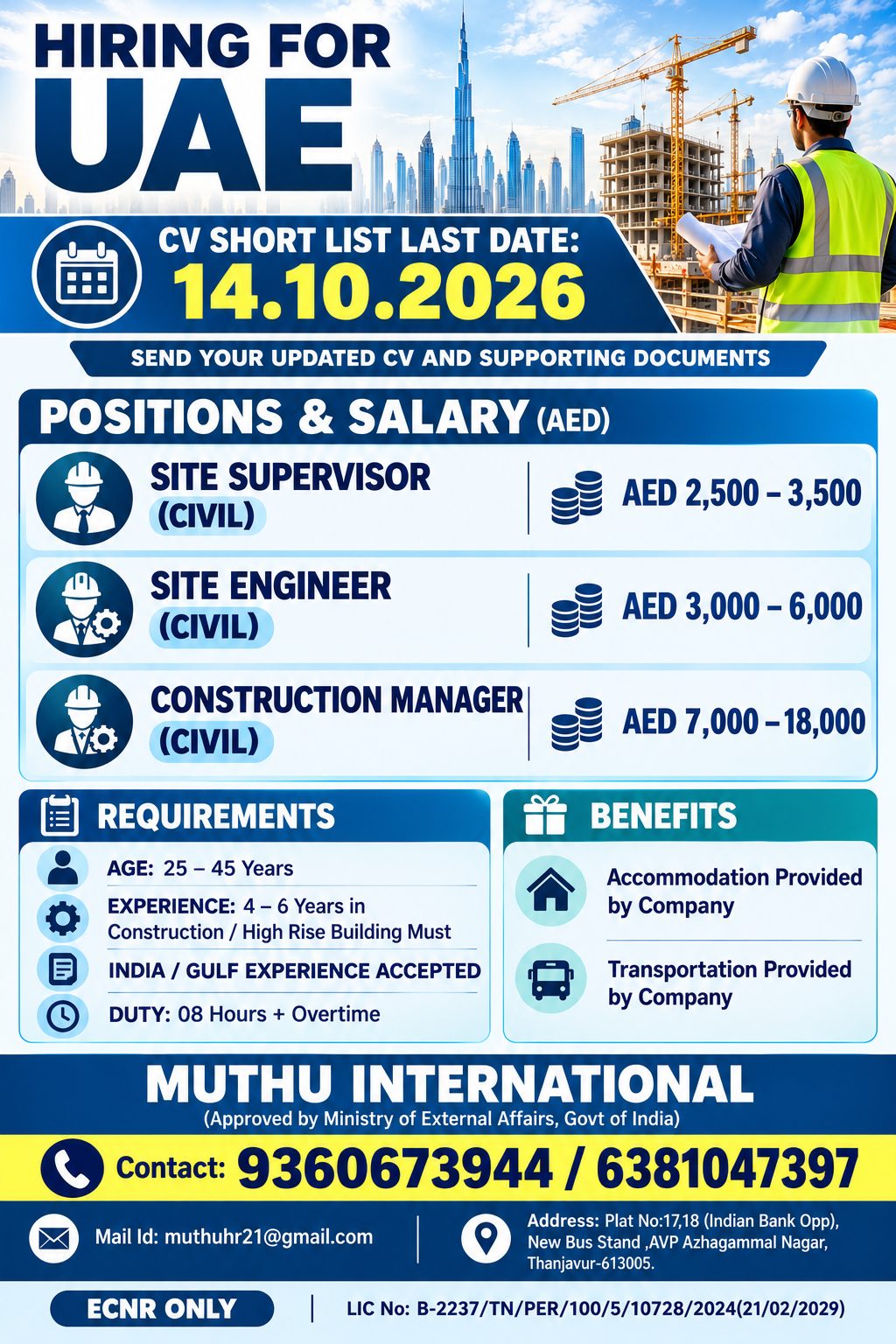 Hiring for UAE - Construction Positions — MUTHU INTERNATIONAL, United Arab Emirates, United Arab Emirates