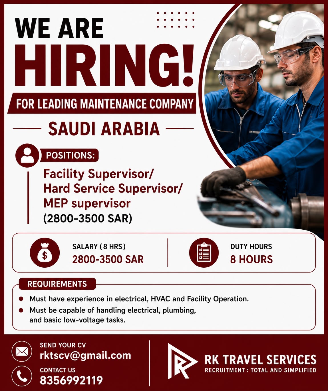Facility Supervisor / Hard Service Supervisor / MEP Supervisor — RK Travel Services, Saudi Arabia, Saudi Arabia