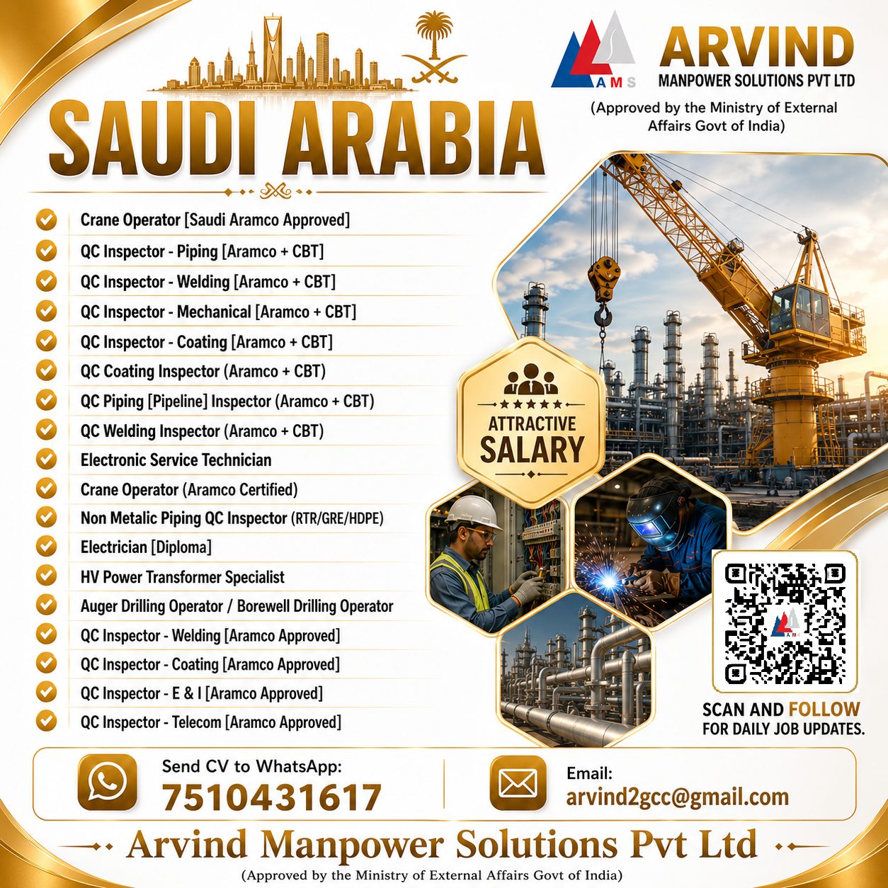 SAUDI Vacancy List 21-07-2026 — Arvind Manpower Solutions Pvt ltd, SAUDI ARABIA