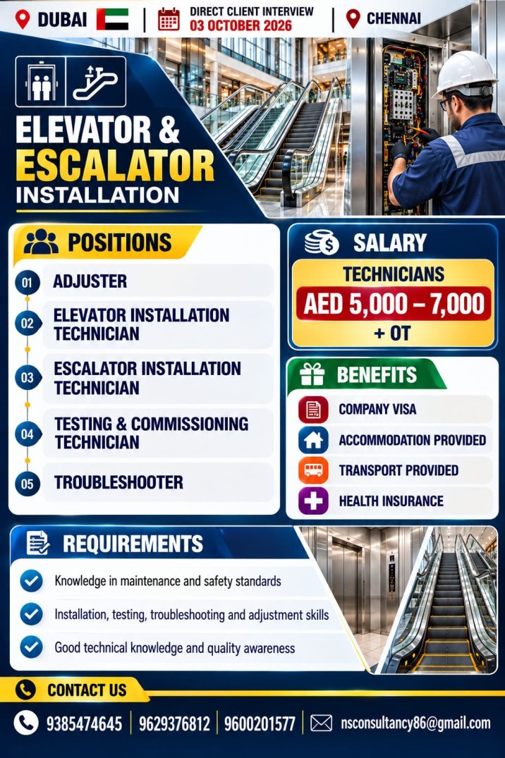 Elevator & Escalator Installation Technicians Jobs in Dubai – AED 5,000–7,000 + OT