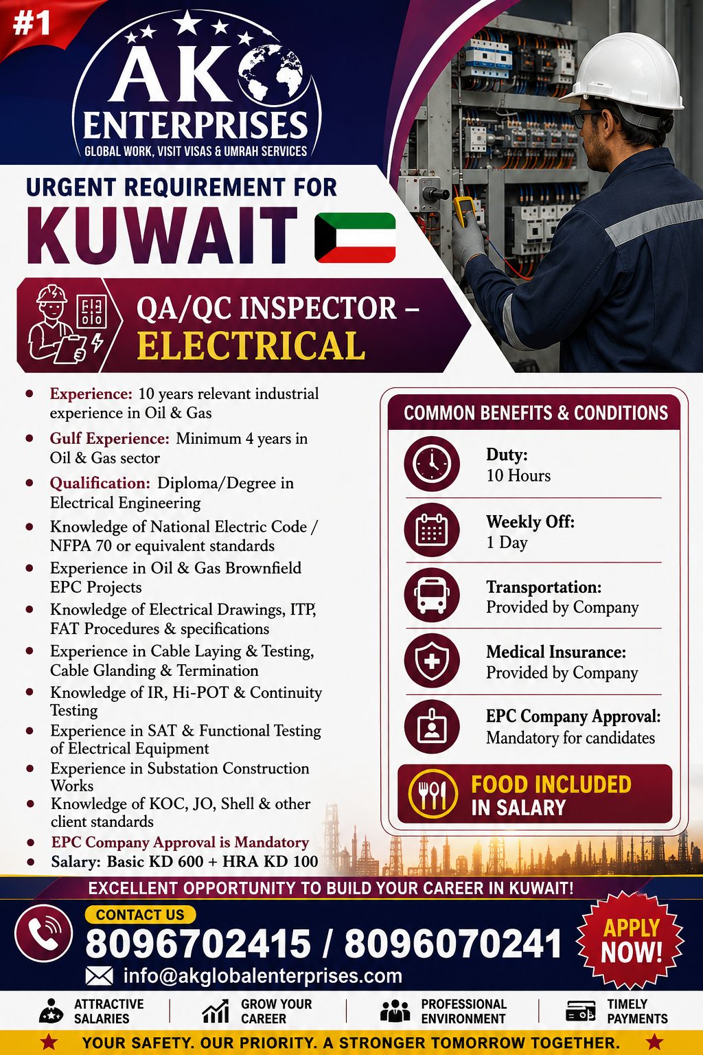 URGENT REQUIREMENT FOR KUWAIT QA/QC INSPECTOR – ELECTRICAL