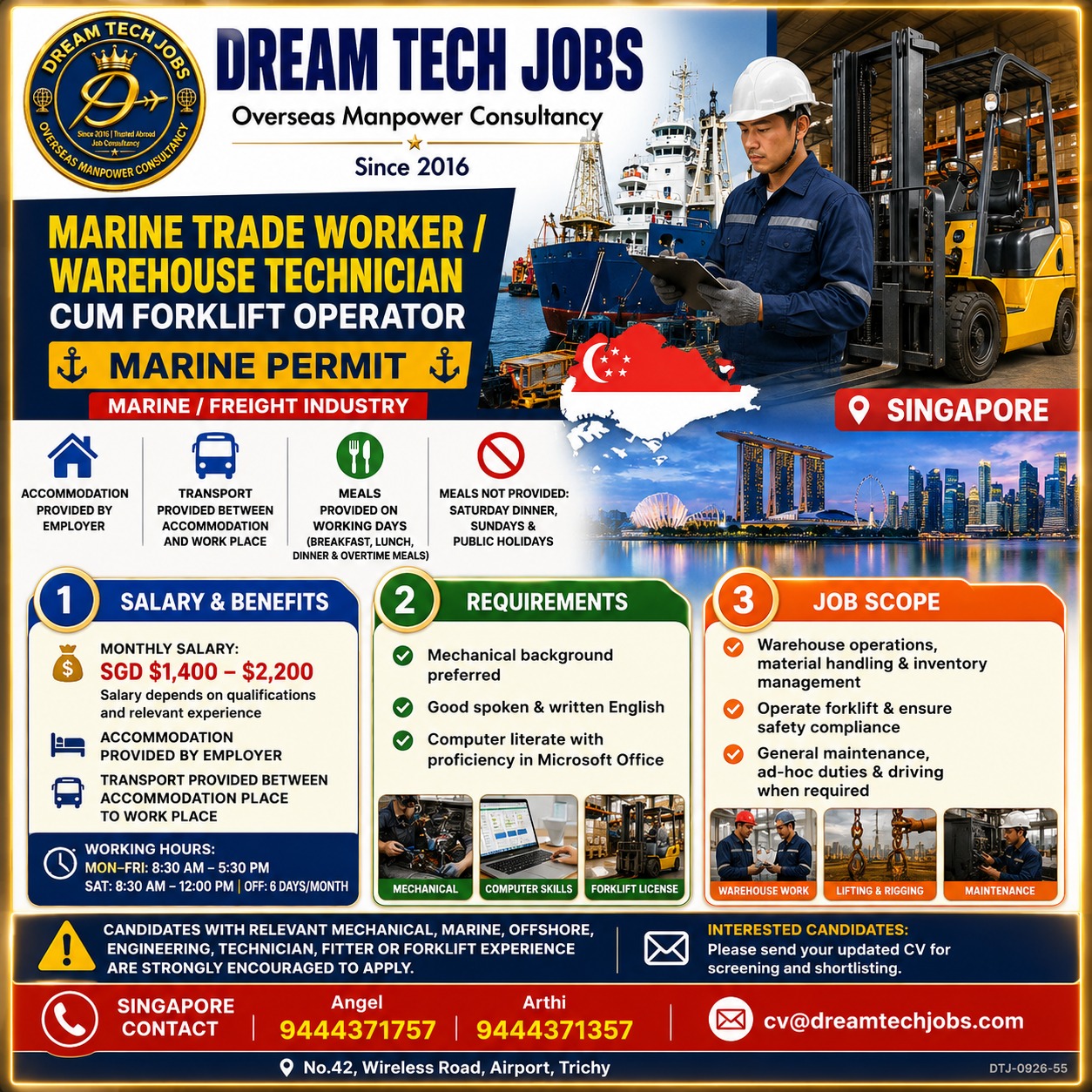 Marine Trade Worker / Warehouse Technician cum Forklift Operator — DREAM TECH JOBS -TRICHY, Singapore, Singapore