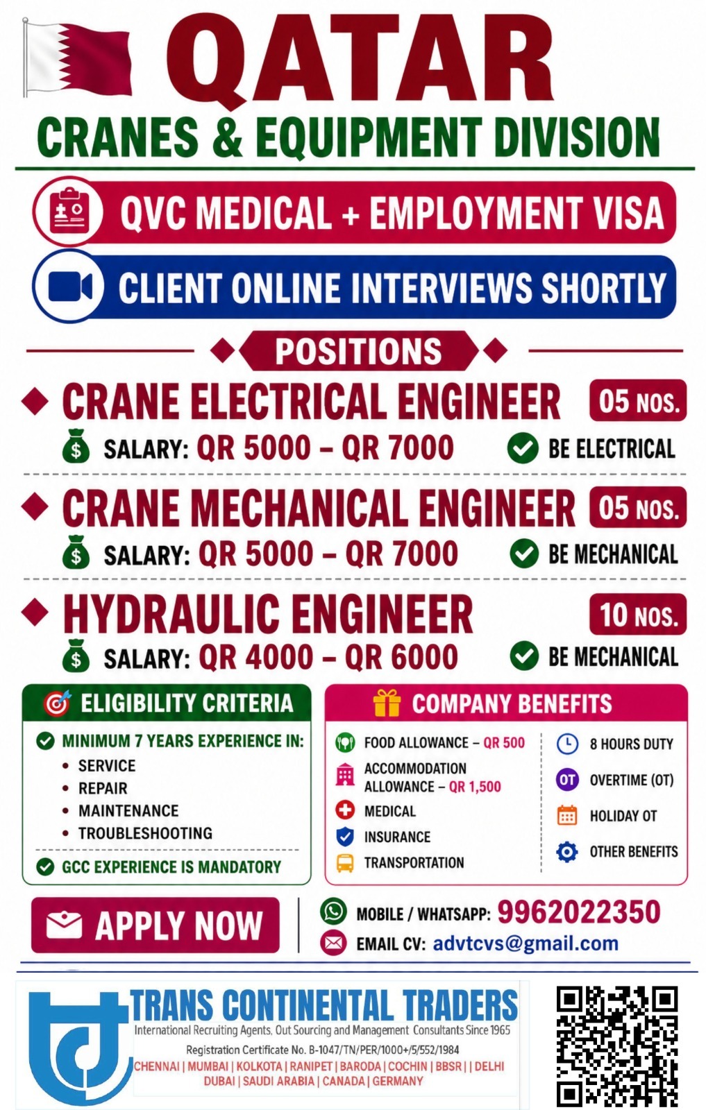 Qatar Cranes & Equipment Division - Multiple Engineering Positions