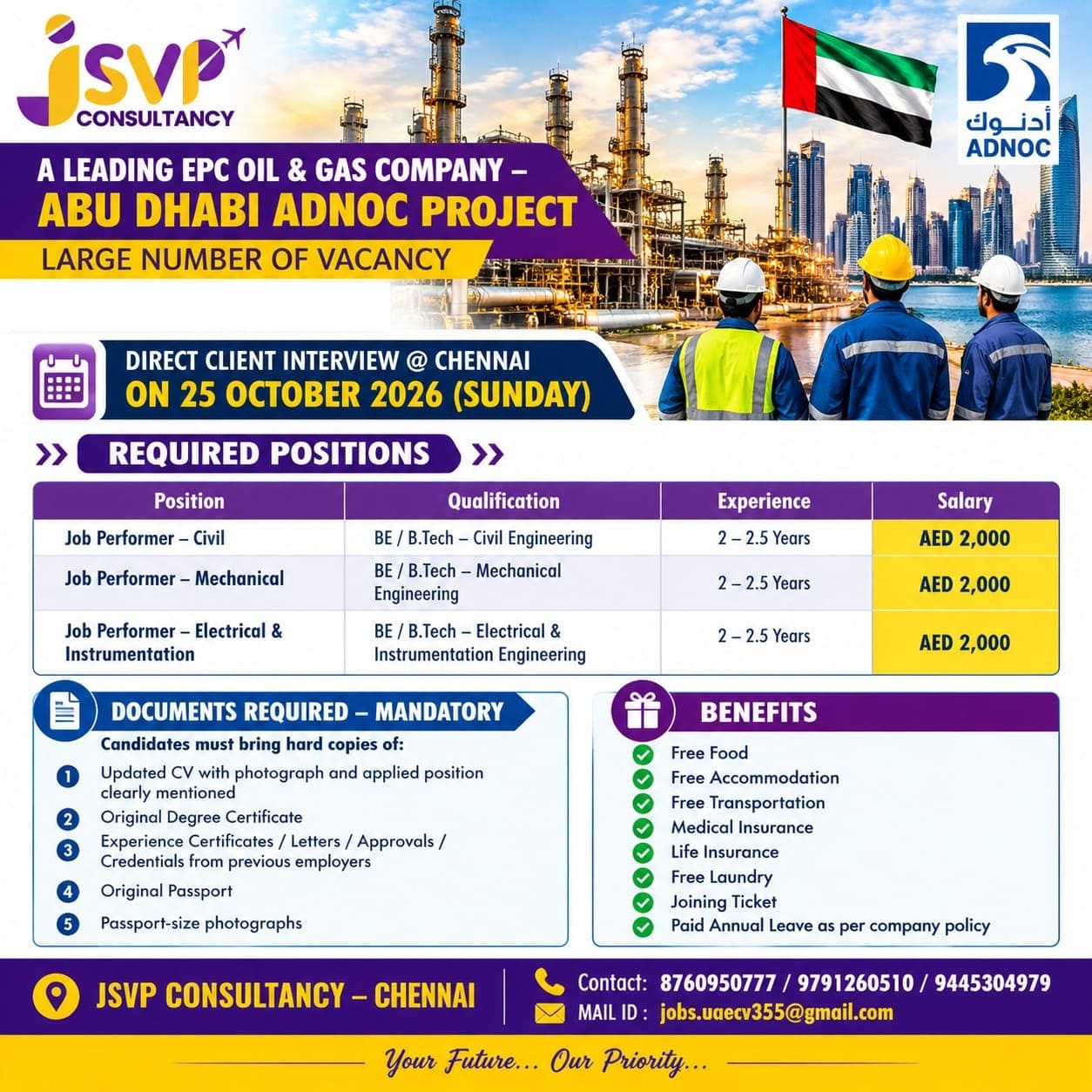 Abu Dhabi ADNOC Project - Large Number of Vacancy — JSVP CONSULTANCY, India, India