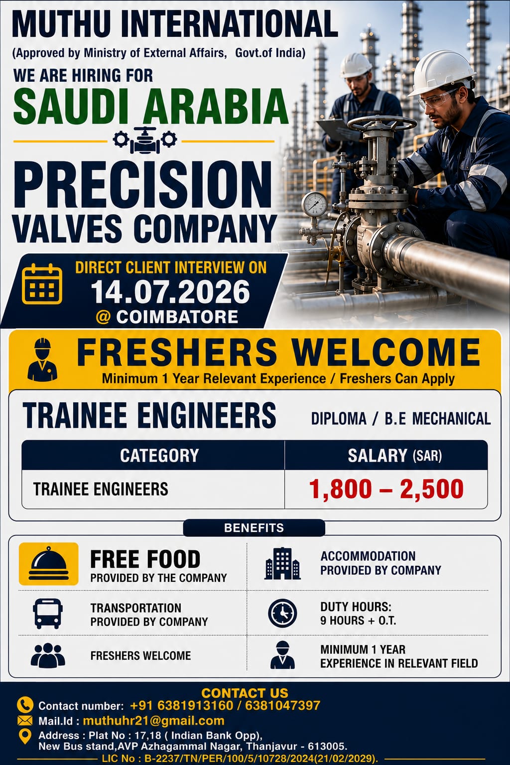 Trainee Mechanical Engineer — MUTHU INTERNATIONAL, saudi arabia
