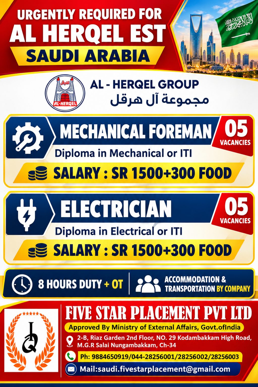 MECHANICAL FOREMAN,ELECTRICIAN FOR SAUDI ARABIA — Five Star Placement Pvt Ltd, SAUDI ARABIA