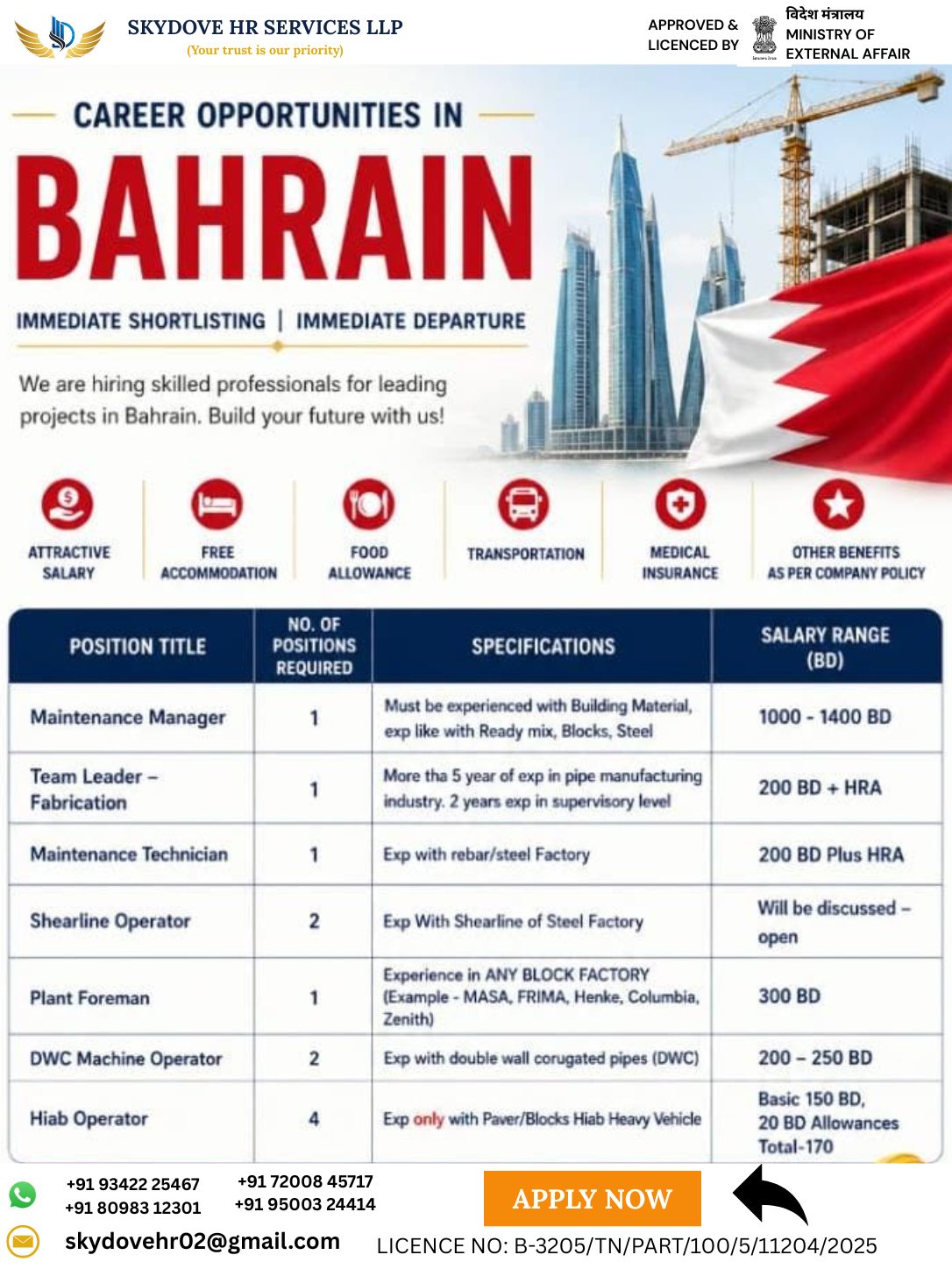 Bahrain opportunity — SKY DOVE HR SERVICES LLP, Bahrain, Bahrain