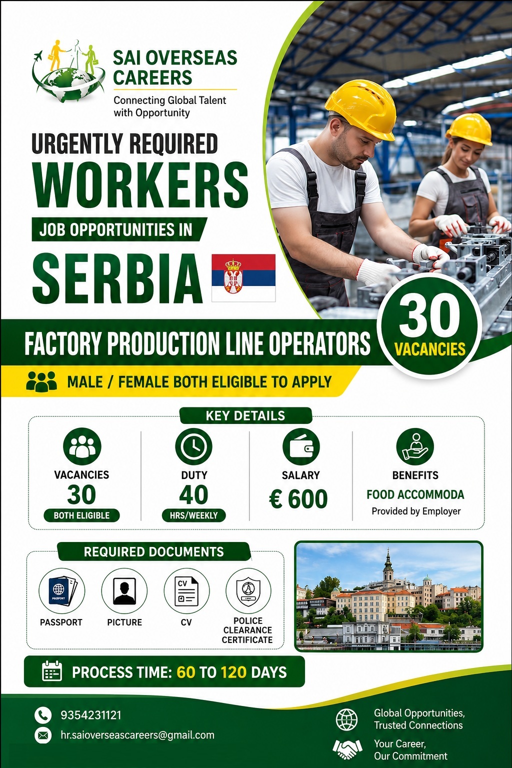 Urgent Hiring | Factory Production Line Operators | Serbia — Sai Overseas Careers, SERBIA