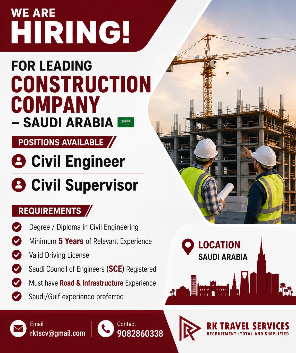 HIRING FOR LEADING CONSTRUCTION COMPANY – SAUDI ARABIA - Kholi — RK Travel Services, Saudi Arabia, Saudi Arabia