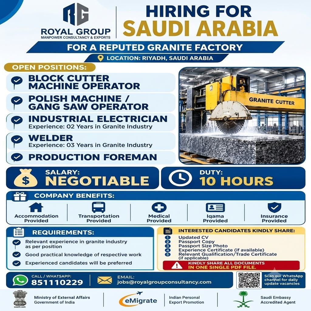 Hiring for Saudi Arabia - Granite Factory — Royal Group, Saudi Arabia
