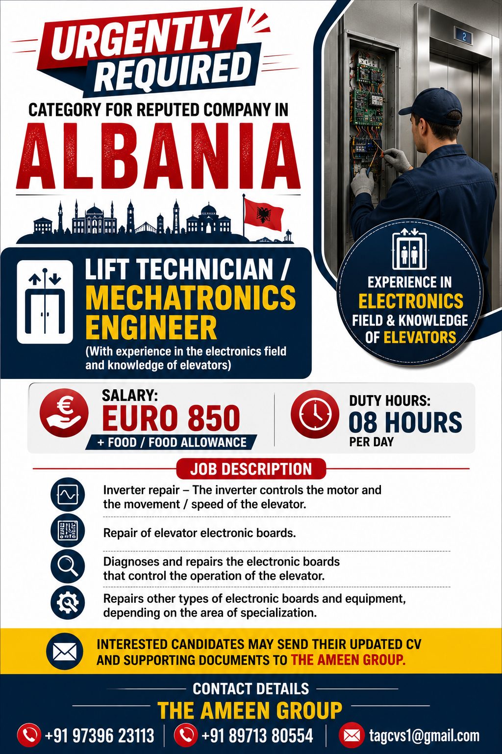 Urgently Required – Lift Technician / Mechatronics Engineer – Albania