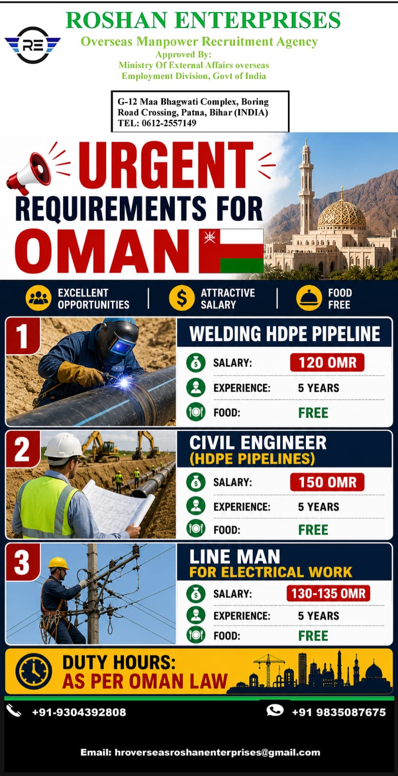 UrgEnt Requirement for OManO — M/S  Roshan Enterprises, Oman, Oman