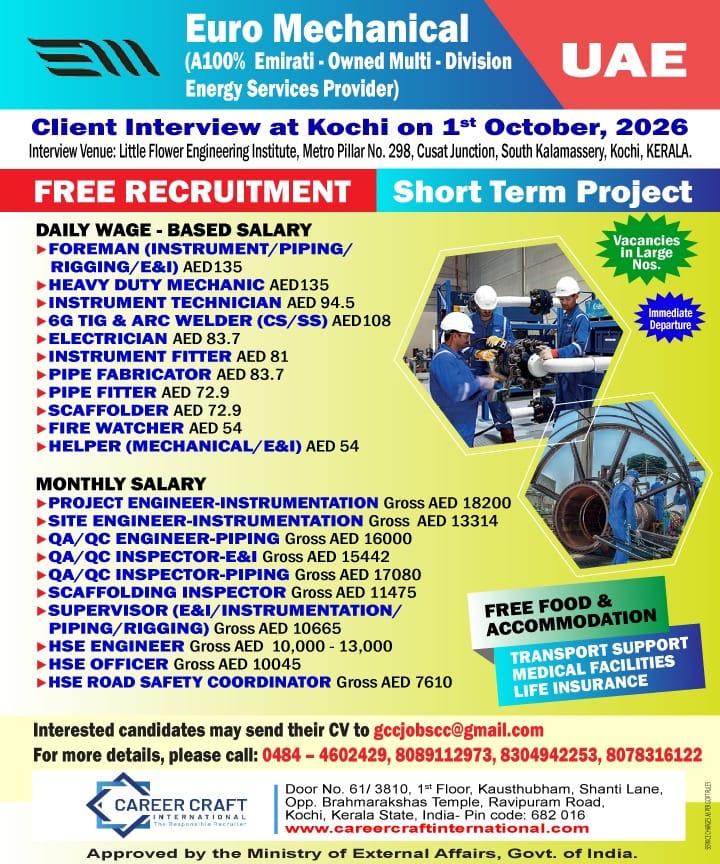 Euro Mechanical conducts a direct client interview in Kochi on 1st October, 2026 for Shutdown Project -