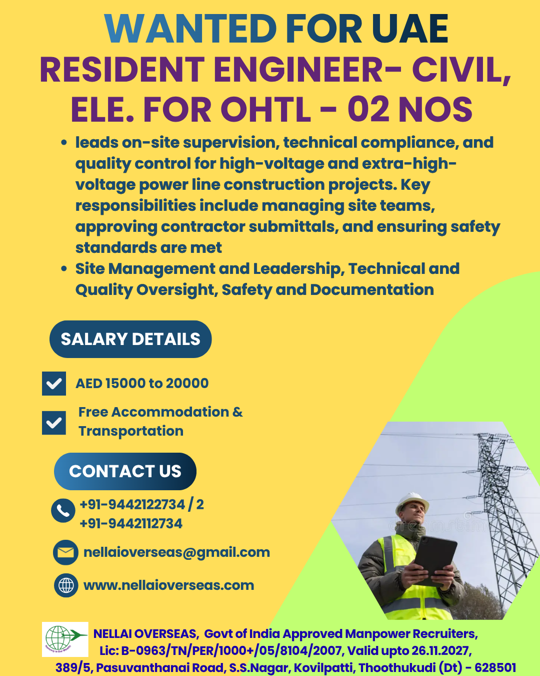 Resident Engineer – Civil, Electrical for OHTL — NELLAI OVERSEAS, UAE, UAE