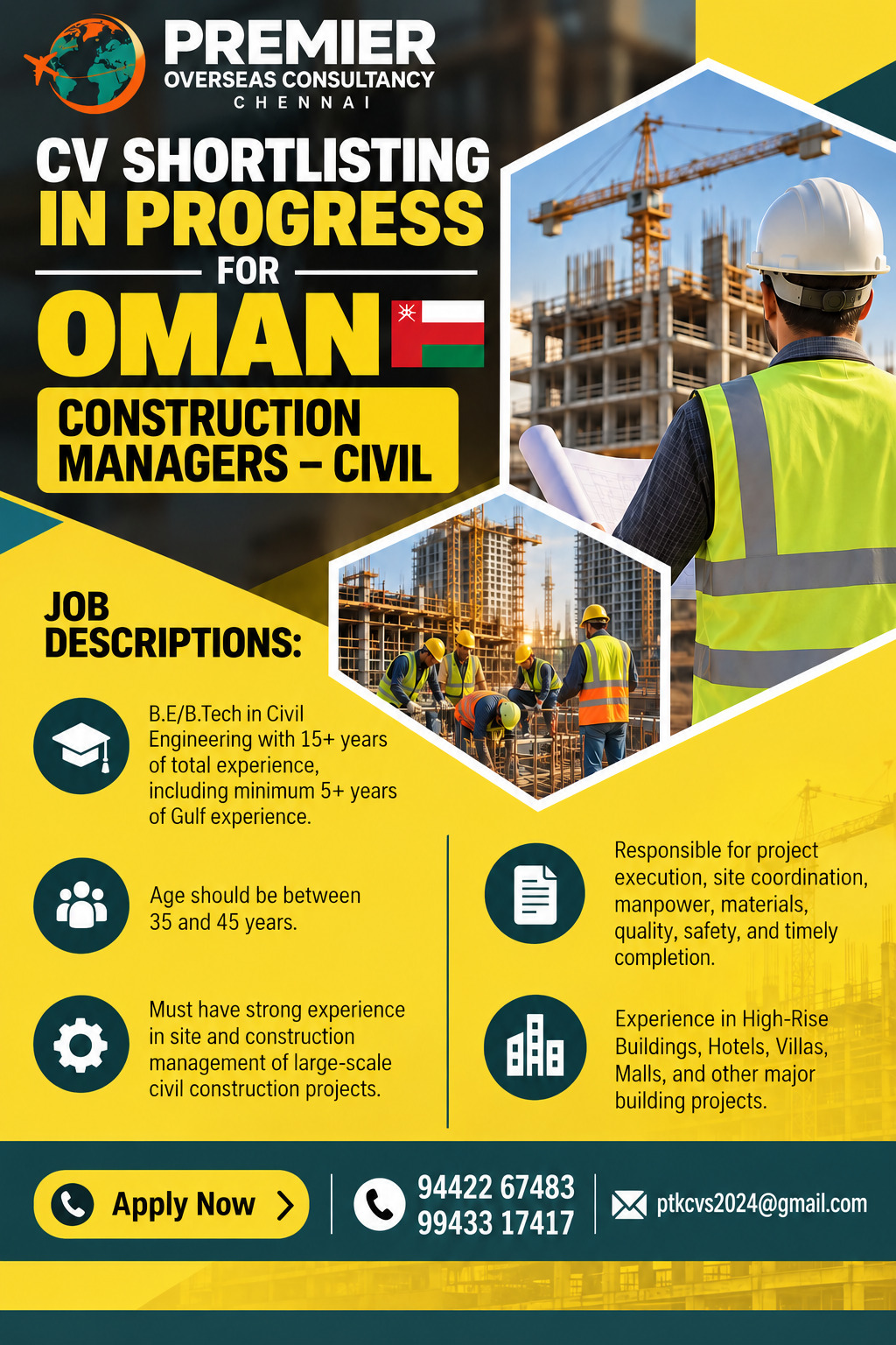 Construction Managers – Civil — Premier Travels, Oman, Oman
