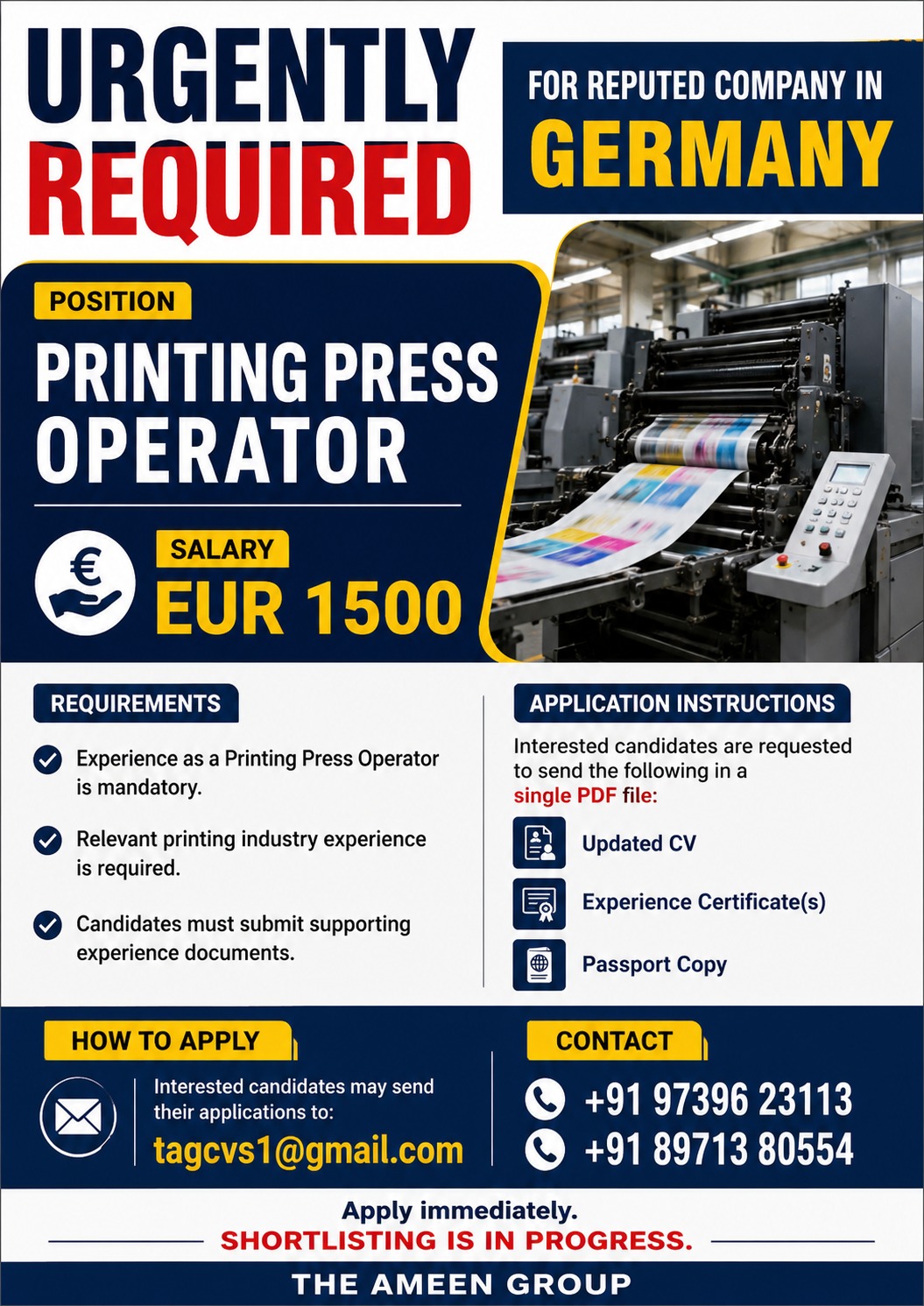 Urgently Required – Printing Press Operator – Germany — The Ameen Group, Germany, Germany