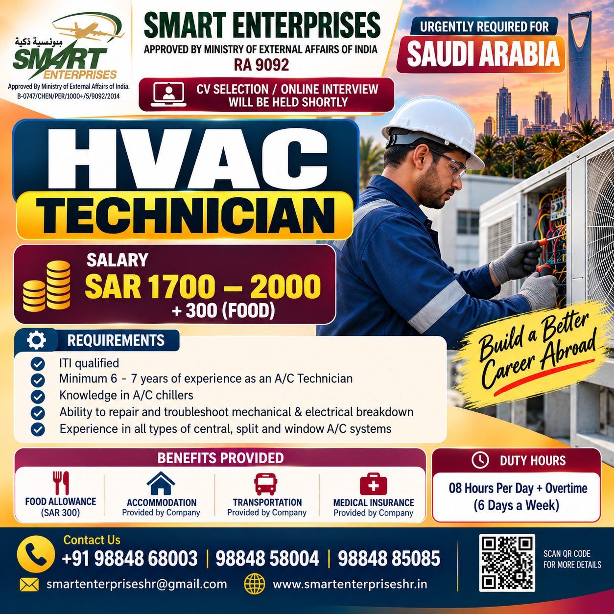 HVAC TECHNICIAN uae — smartenterpriseshr@gmail.com, UAE