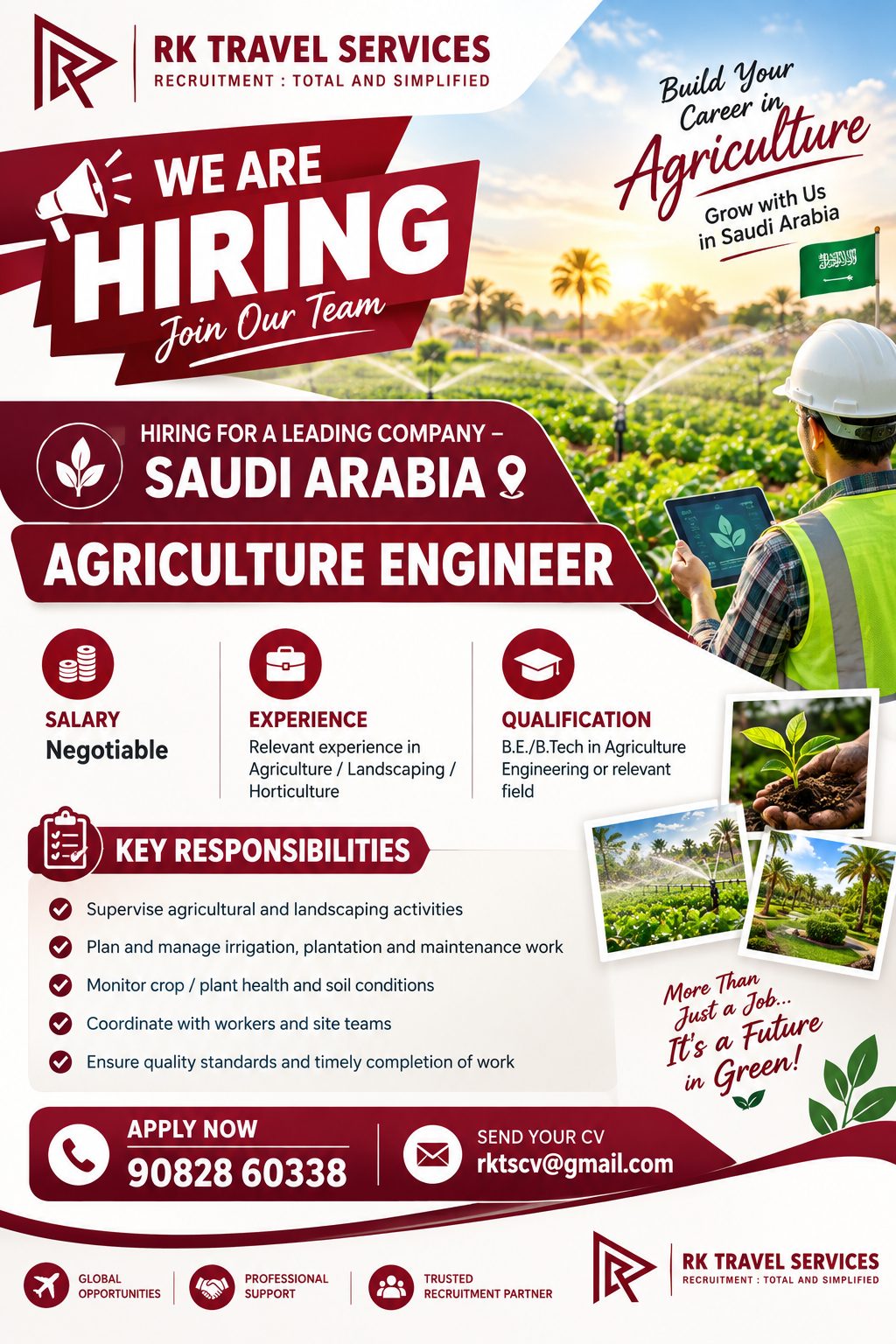 WE ARE HIRING – AGRICULTURE ENGINEER | SAUDI ARABIA 🇸🇦 — RK Travel Services, Saudi Arabia