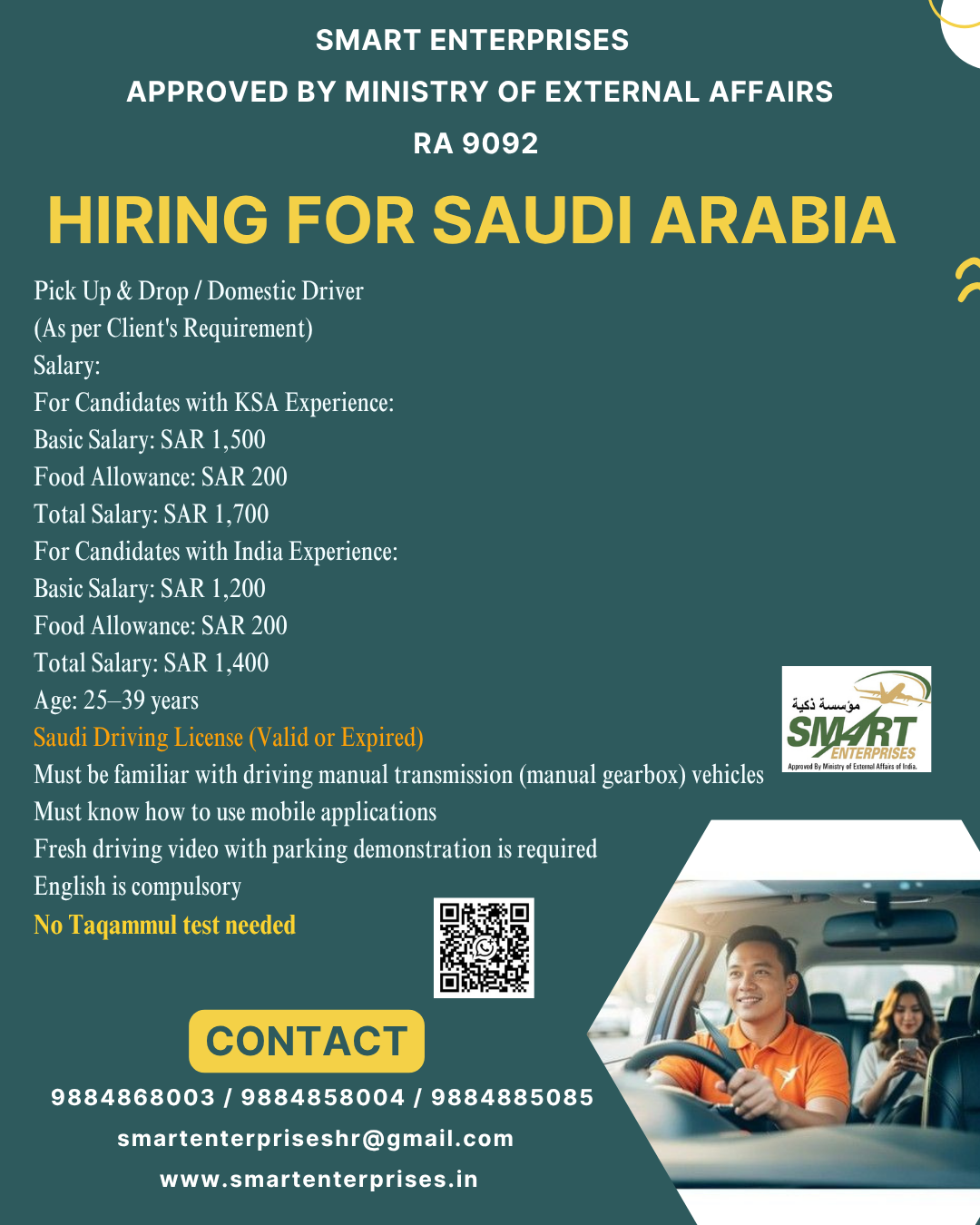 Pick Up & Drop / Domestic Driver — smartenterpriseshr@gmail.com, SAUDI ARABIA, SAUDI ARABIA
