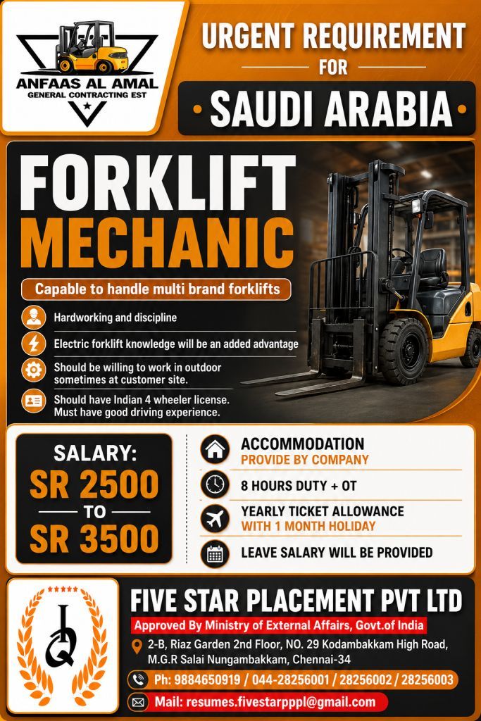 FORKLIFT TECHNICIAN/MECHANIC -SAUDI ARABIA — Five Star Placement Pvt Ltd, SAUDI ARABIA, SAUDI ARABIA