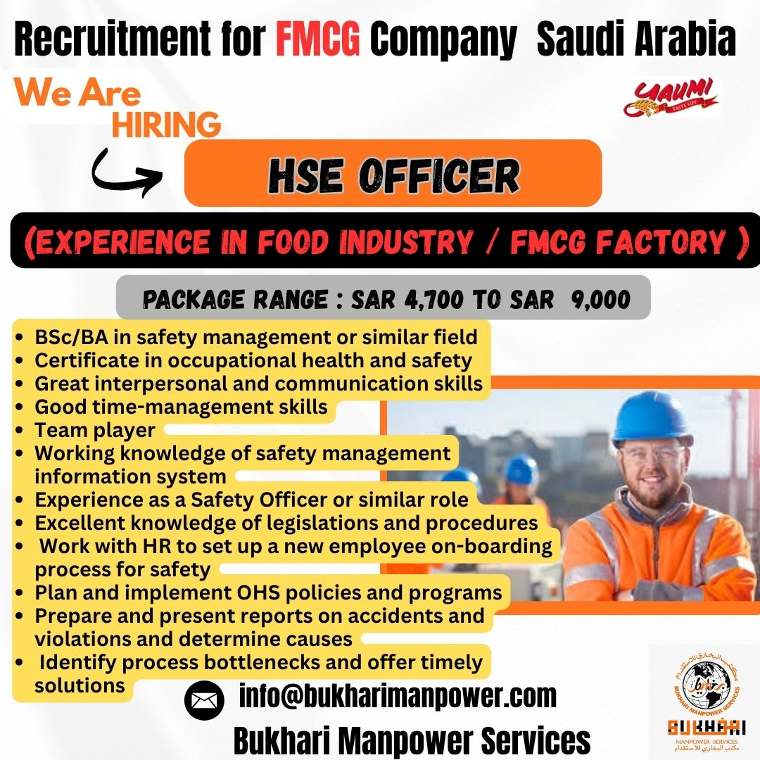 HSE OFFICER-(EXPERIENCE IN FOOD INDUSTRY / FMCG FACTORY)