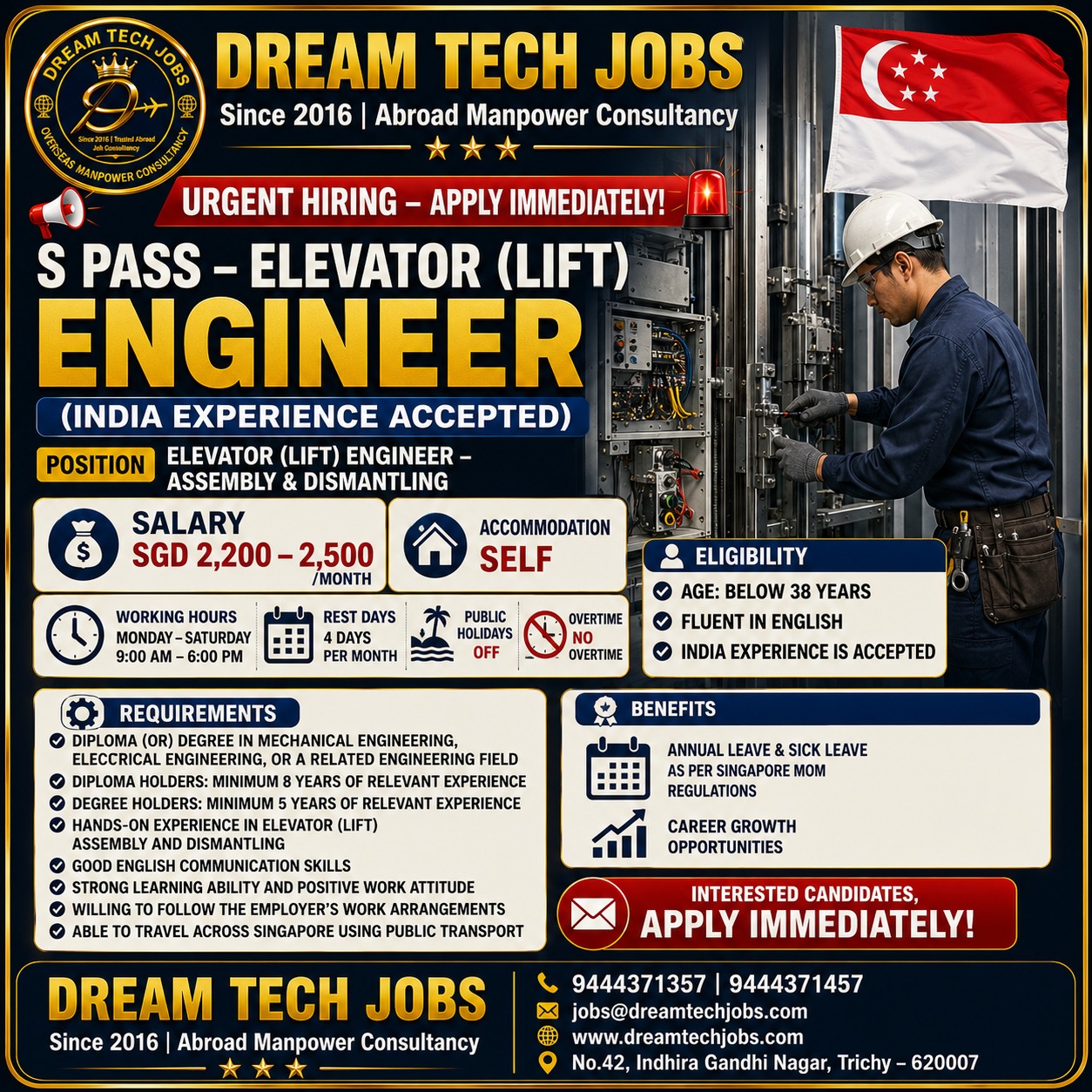 S Pass - Elevator (Lift) Engineer — DREAM TECH JOBS -TRICHY, Singapore, Singapore