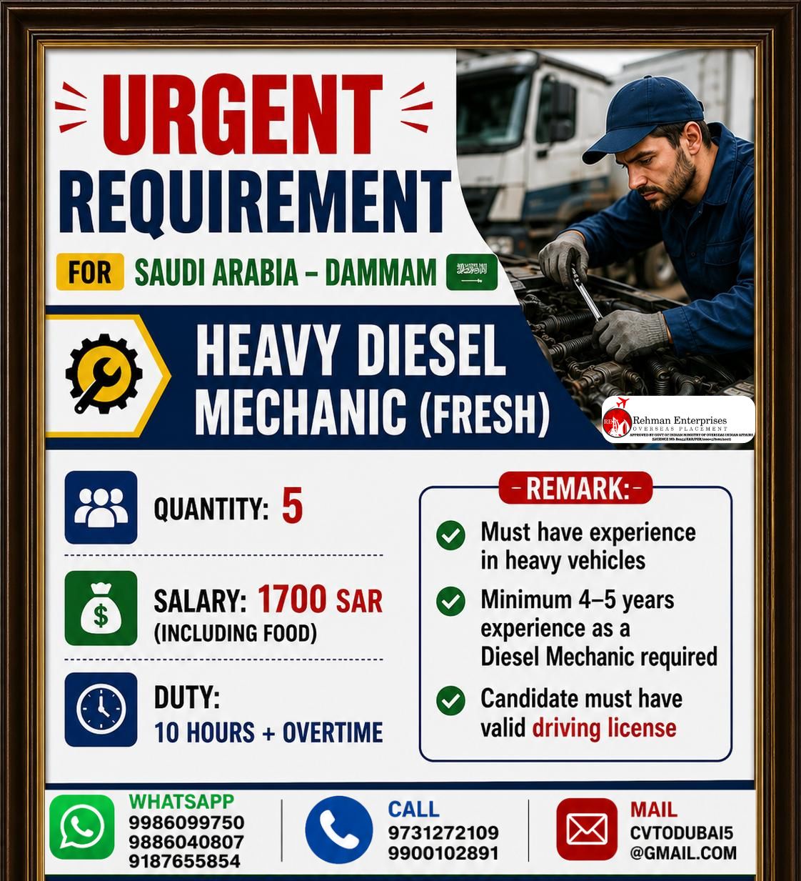 Heavy Diesel Mechanic (Fresh) — Rehman Enterprises, Saudi Arabia - Dammam, Saudi Arabia - Dammam