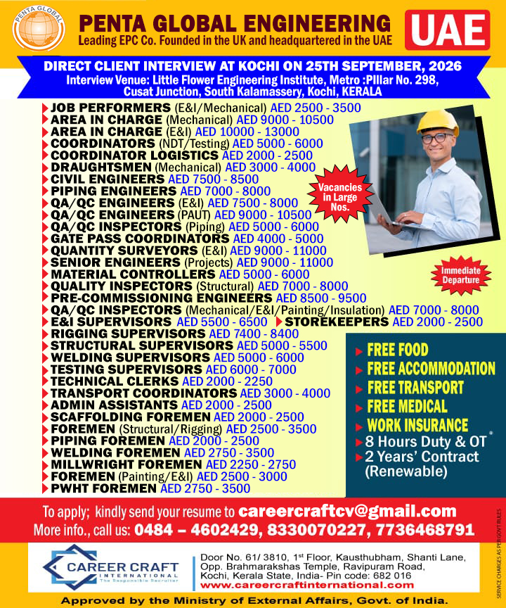 Client Interview at Kochi on 25th September, 2026 for Penta Global, United Arab Emirates -