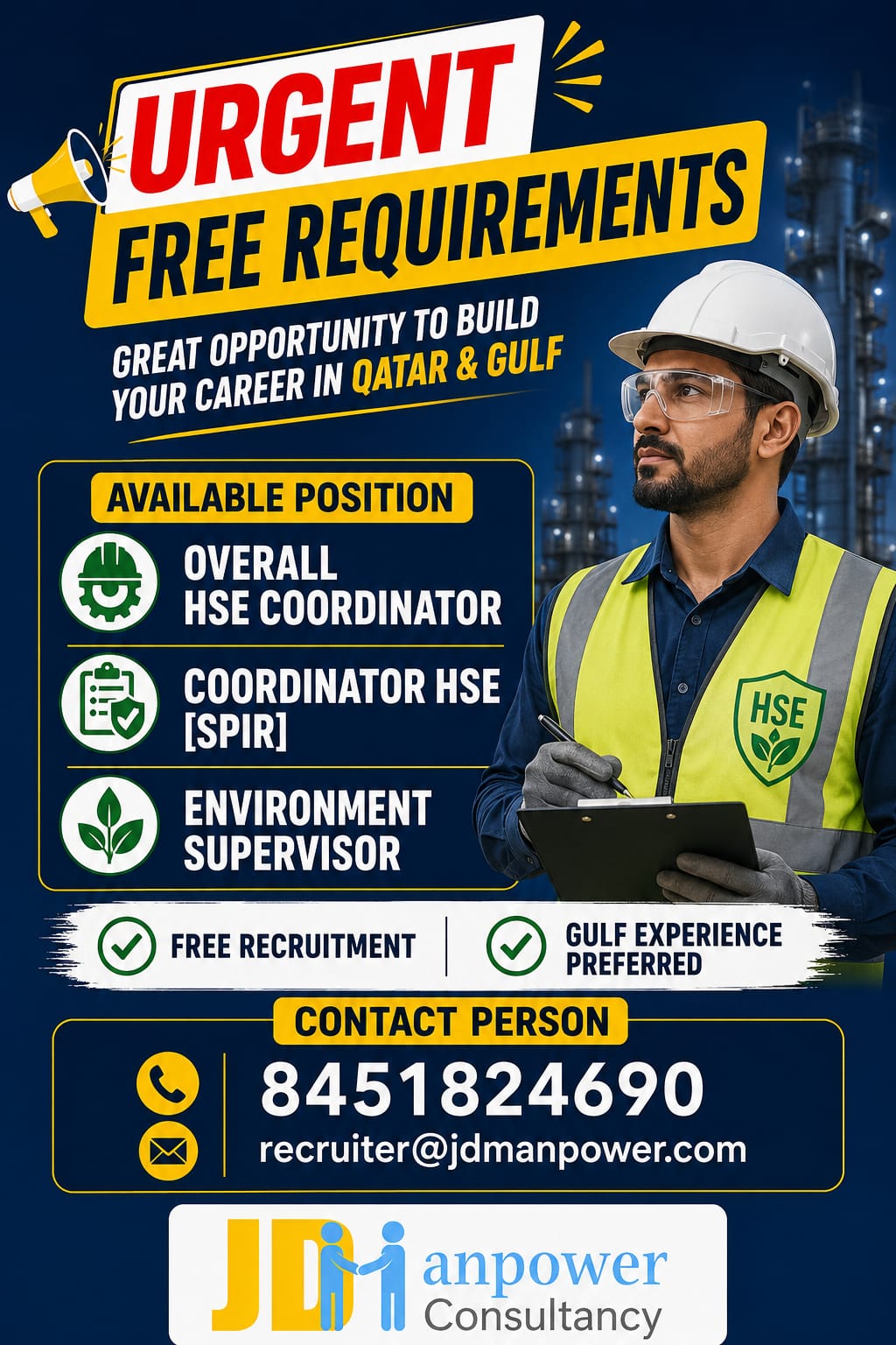 HSE Coordinator & Environment Supervisor Recruitment — JD Manpower, Qatar, Qatar