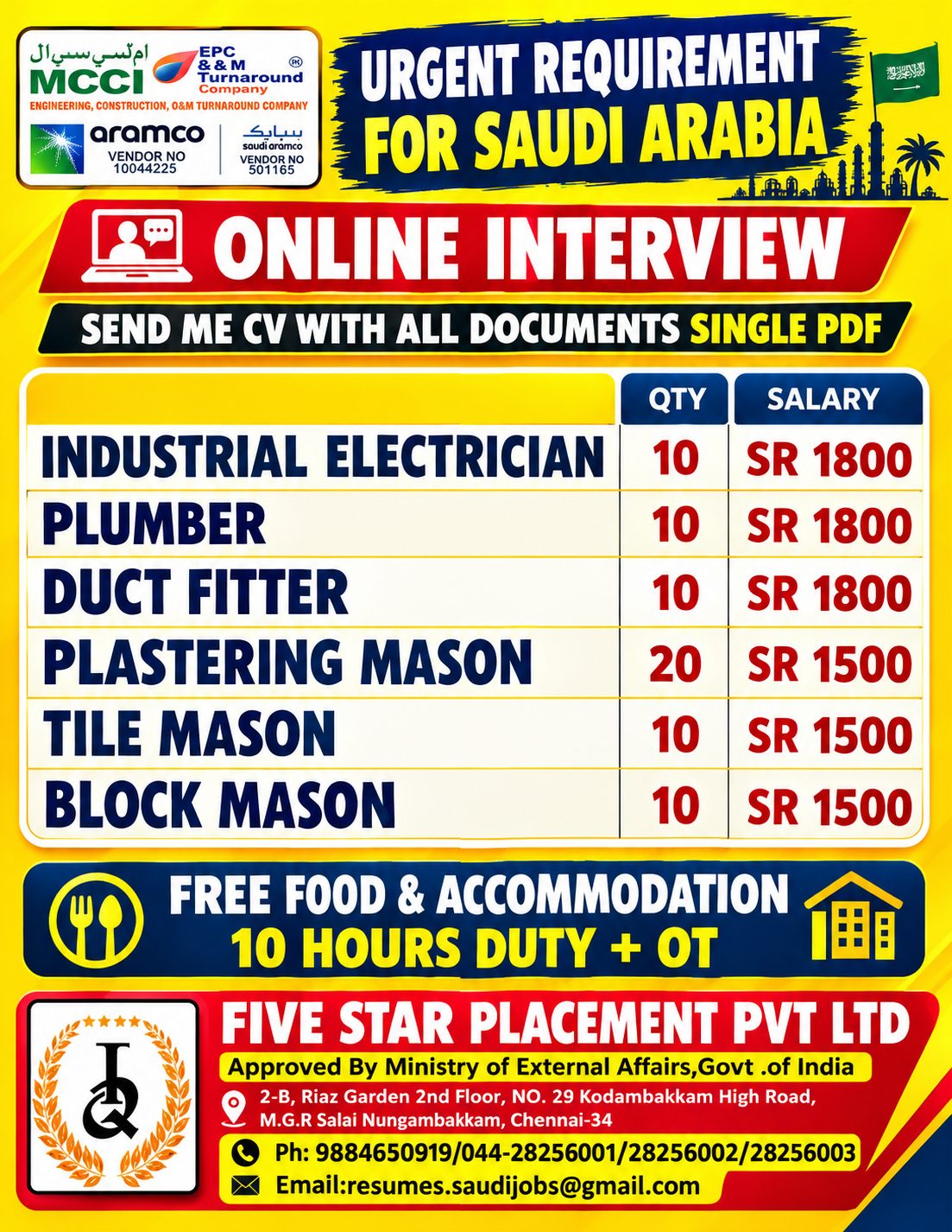 URGENT REQUIREMENT  FOR SAUDI ARABIA - ONLINE INTERVIEW — Five Star Placement Pvt Ltd, SAUDI ARABIA