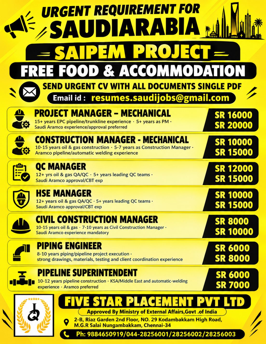 URGENT REQUIREMENT FOR SAUDI ARABIA - SAIPEM PROJECT — Five Star Placement Pvt Ltd, SAUDI ARABIA, SAUDI ARABIA