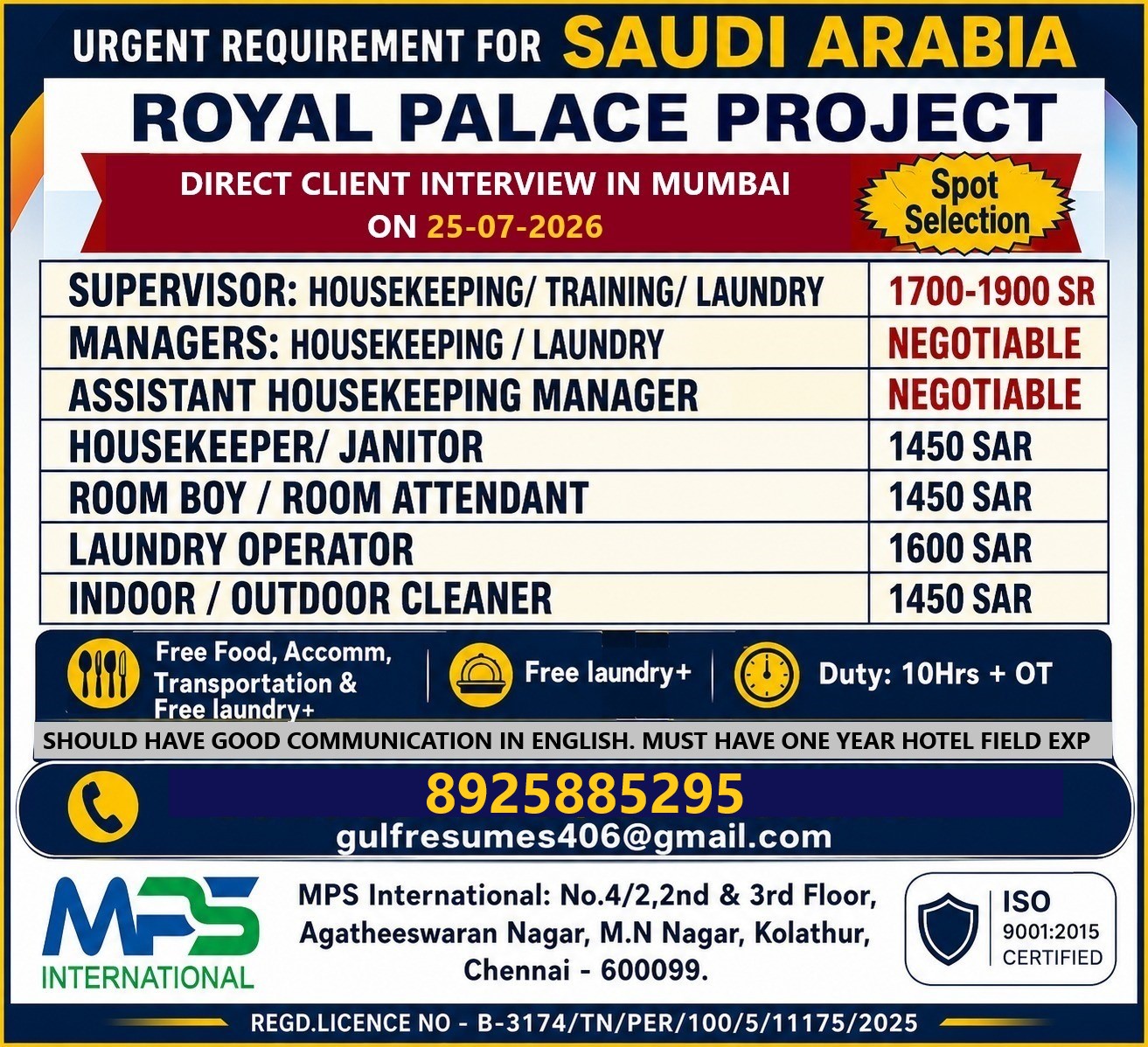 Royal Palace Project - Multiple Positions DIRECT CLIENT INTERVIEW IN MUMBAI — MPS INTERNATIONAL, Saudi Arabia, Saudi Arabia