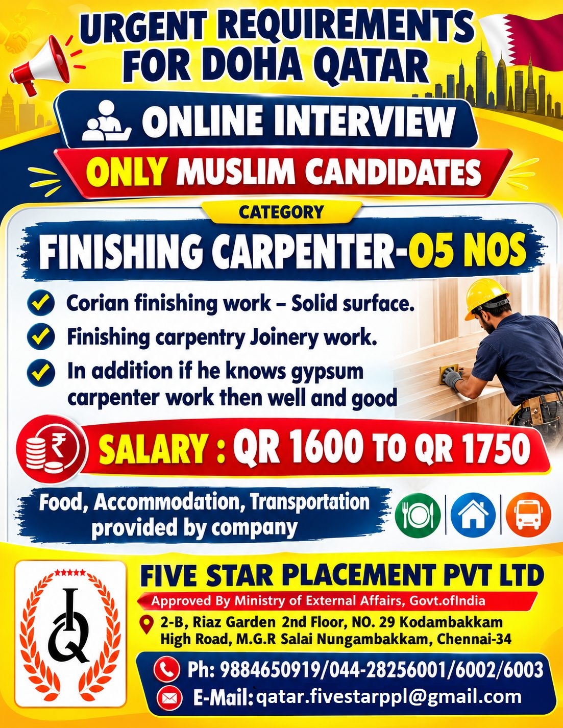 FINISHING CARPENTER — Five Star Placement Pvt Ltd, DOHA QATAR, DOHA QATAR