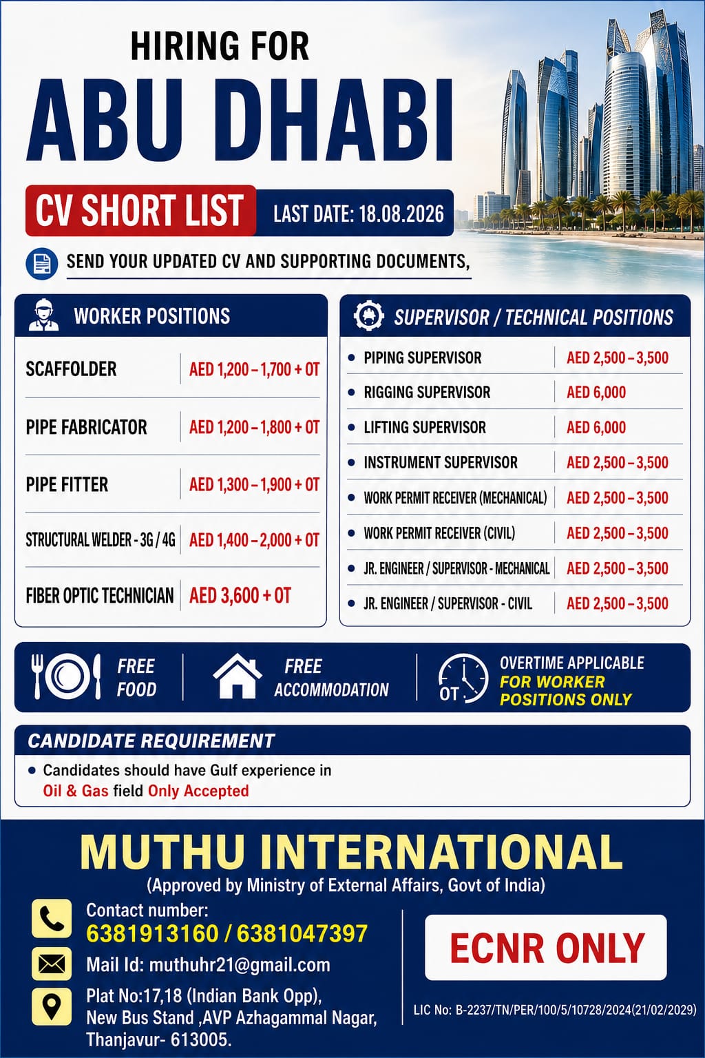 Jr . Supervisor — MUTHU INTERNATIONAL, Abu Dhabi, Abu Dhabi