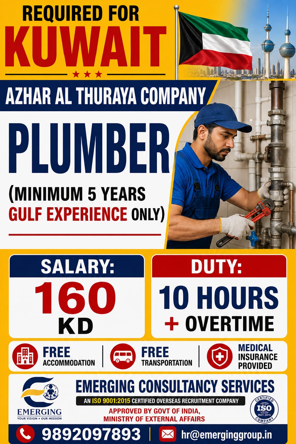 Urgently Required Plumber for Kuwait – Azhar Al Thuraya Company