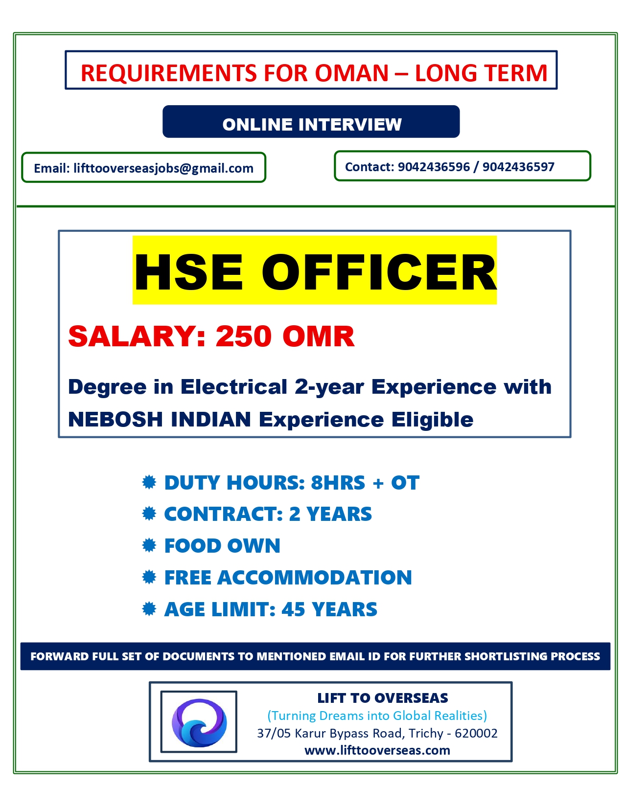 HSE OFFICER — Lift To Overseas, OMAN, OMAN