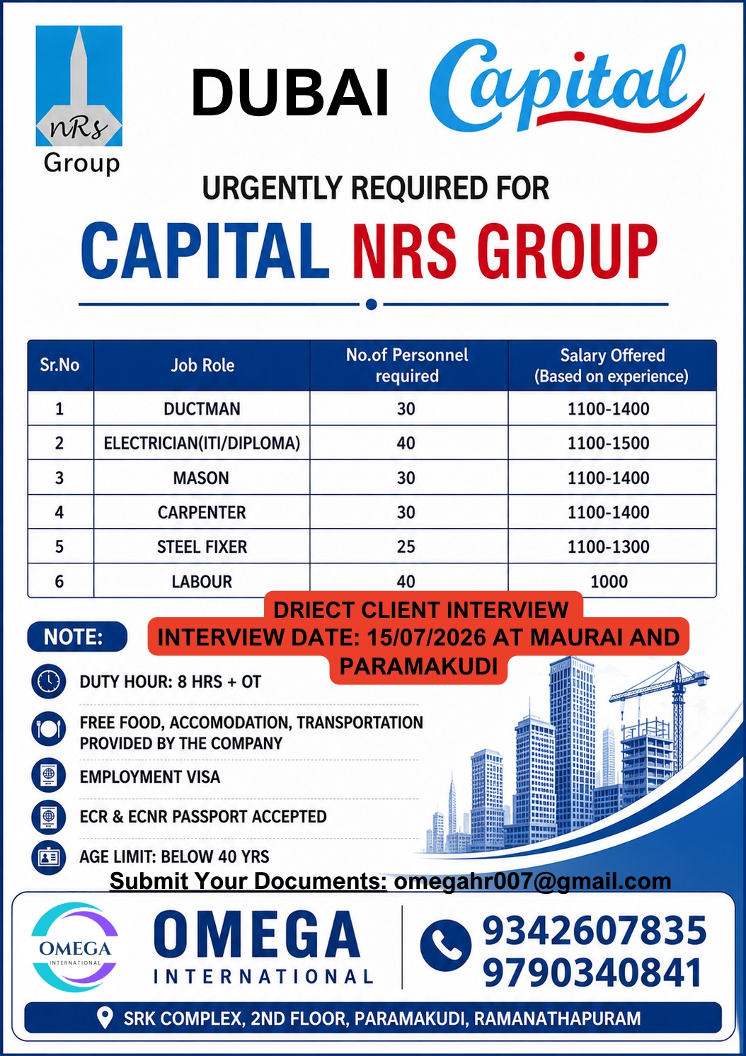 Construction and Labour Positions - Capital NRS Group Dubai — OMEGA INTERNATIONAL HR SOLUTIONS, United Arab Emirates, United Arab Emirates