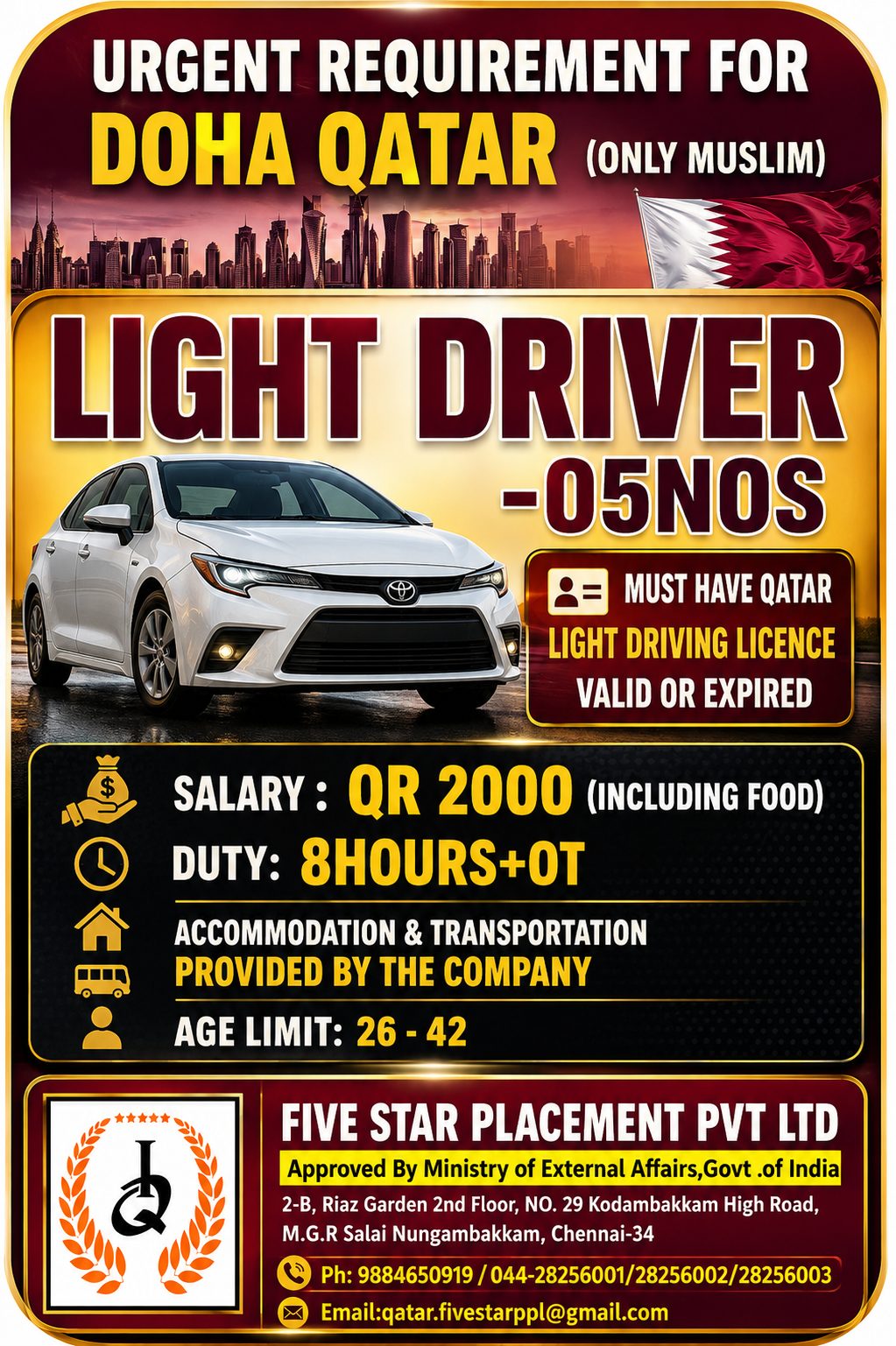 URGENT REQUIREMENT FOR DOHA QATAR (ONLY MUSLIM) — Five Star Placement Pvt Ltd, DOHA QATAR