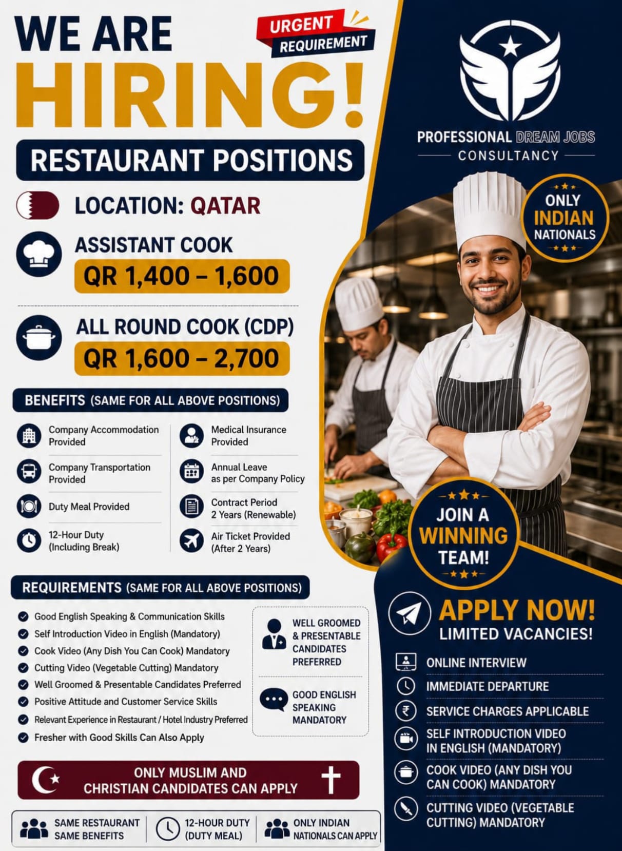 Restaurant Staffs required for a QSR chain of restaurants in Qatar — MOBHIRA INTERNATIONAL, Qatar, Qatar
