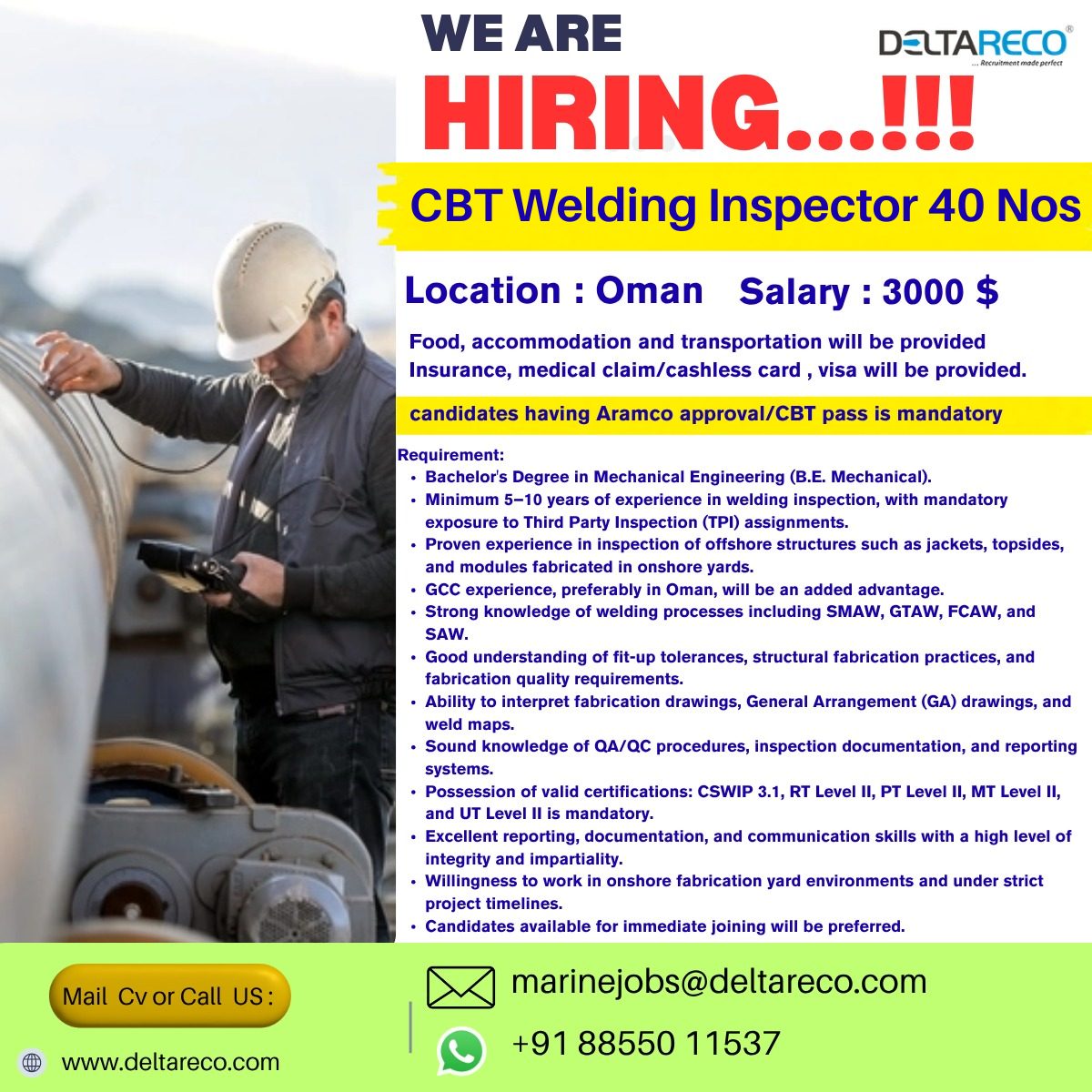CBT Welding Inspector — DELTA RECRUITMENT CONSULTANTS PRIVATE LIMITED, Oman