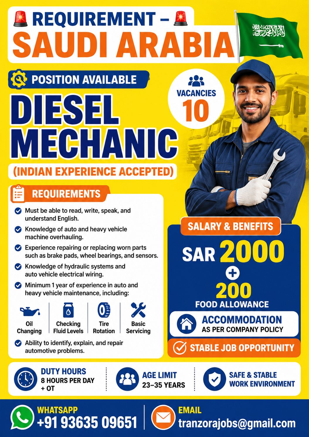 DIESEL MECHANIC (INDIAN EXPERIENCE ACCPETED) — selvakumar, SAUDI ARABIA