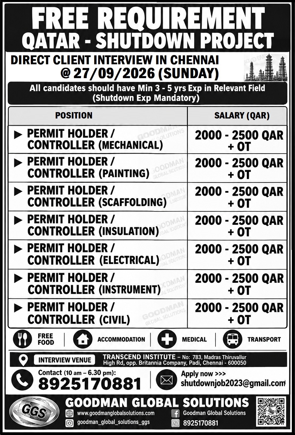 FREE REQUIREMENT QATAR - SHUTDOWN PROJECT