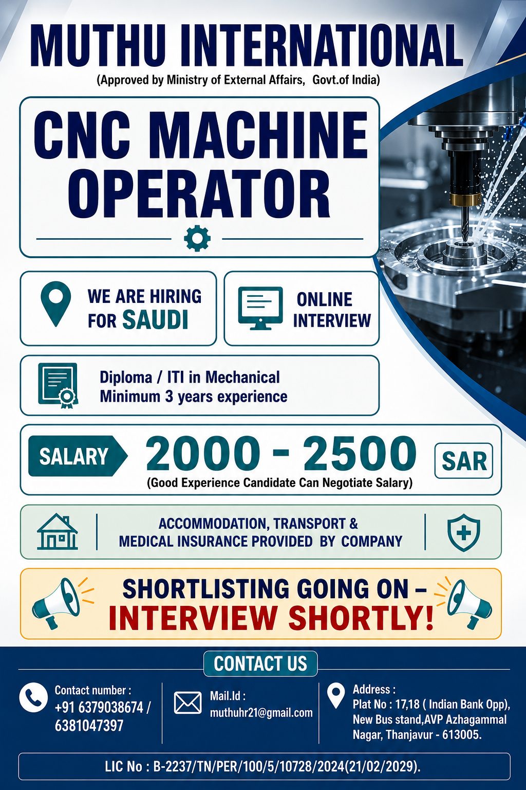 CNC Machine operator — MUTHU INTERNATIONAL, Saudi Arabia, Saudi Arabia