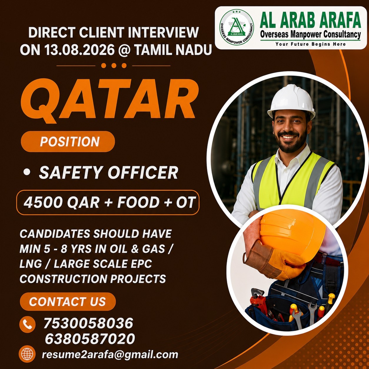 DIRECT CLIENT INTERVIEW ON 13.08.2026 @ TAMILNADU — Al Arab Arafa Consultancy Pvt LTD, QATAR, QATAR