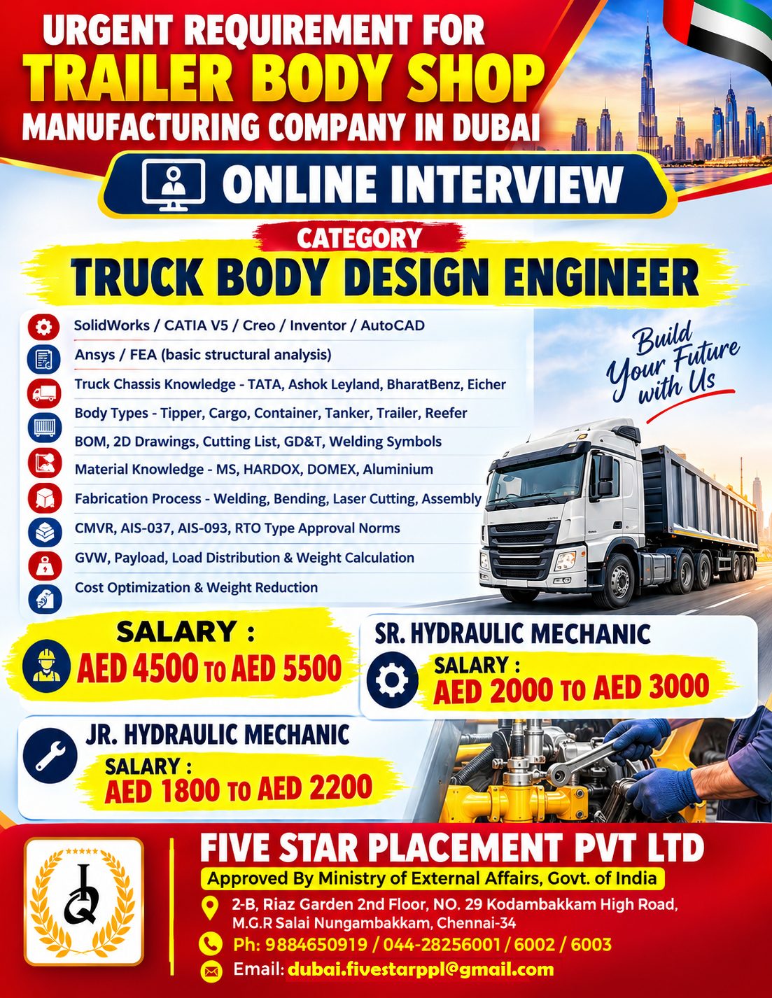 URGENT REQUIREMENT FOR TRAILER BODY SHOP MANUFACTURING COMPANY IN UAE - ONLINE INTERVIEW — Five Star Placement Pvt Ltd, UAE