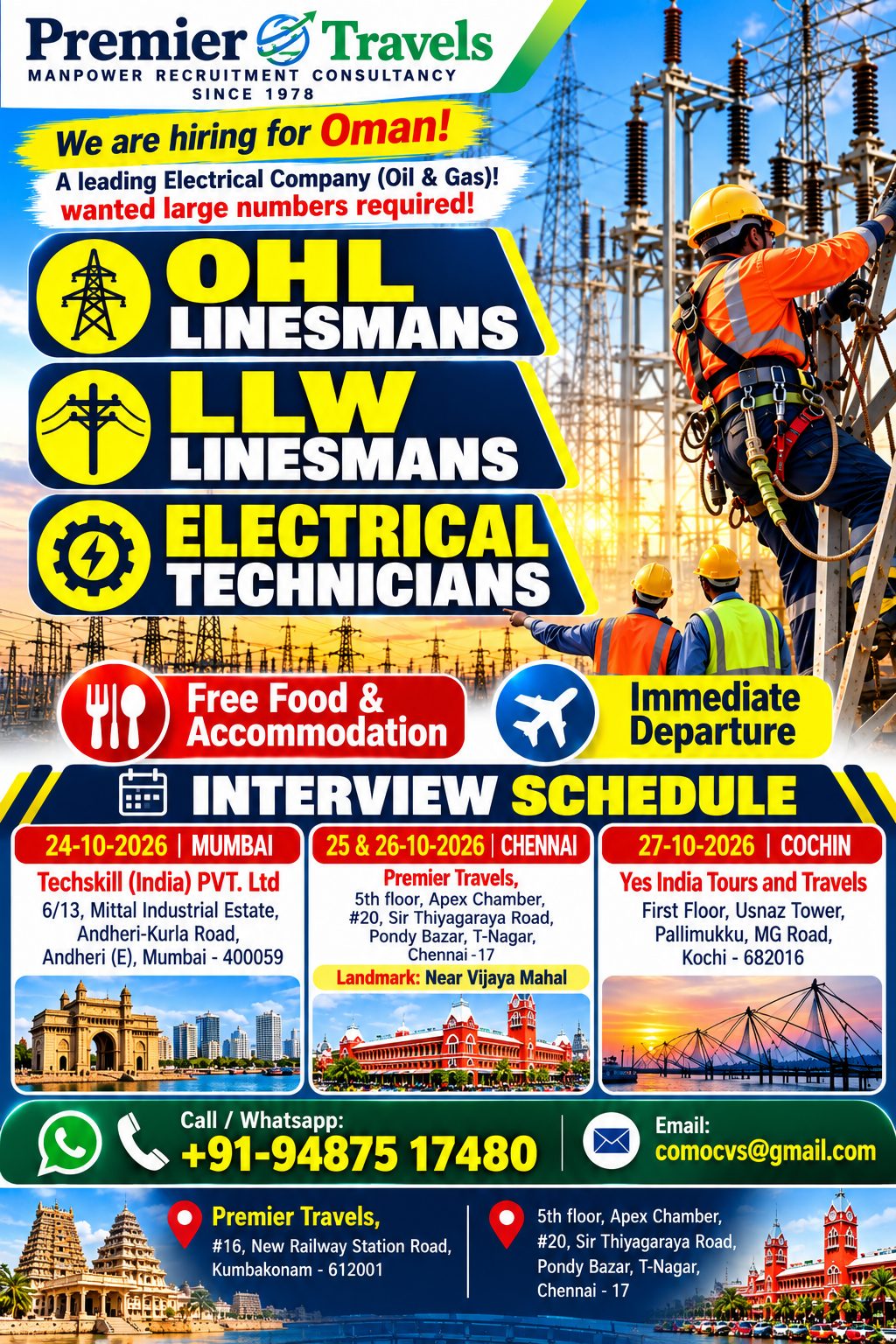 ELECTRICIAN OVERHEAD LINEMAN — Premier Travels, OMAN