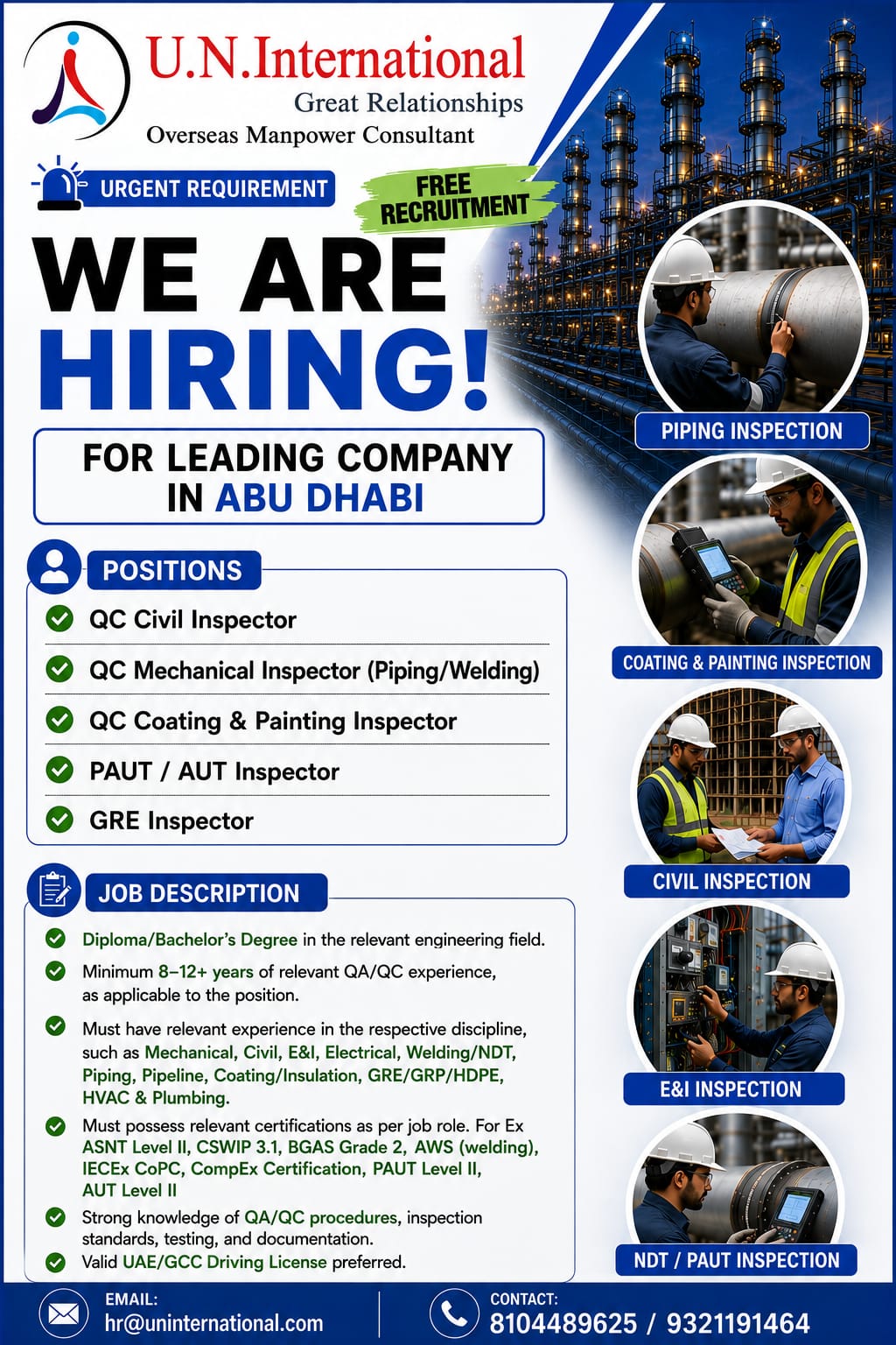 URGENT REQUIREMENT FOR LEADING COMPANY IN ABU DHABI — U N International, ABU DHABI, ABU DHABI